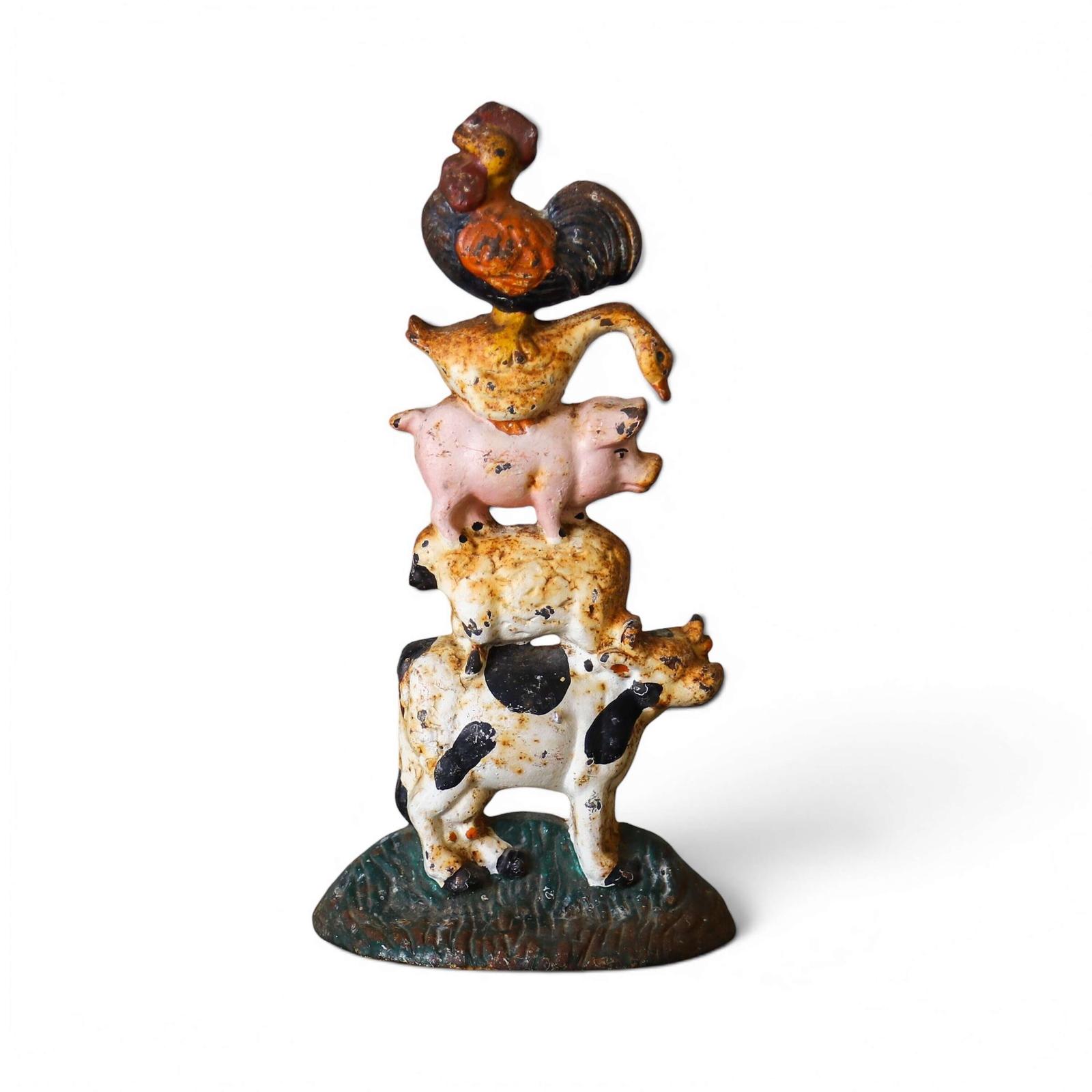 Vintage Cast Iron Doorstop - Stacked Farm Animals (Rooster, Duck, Pig & Cow) (1 of 6) Vintage Cast Iron Doorstop - Stacked Farm Animals (Rooster, Duck, Pig & Cow) (1 of 6)