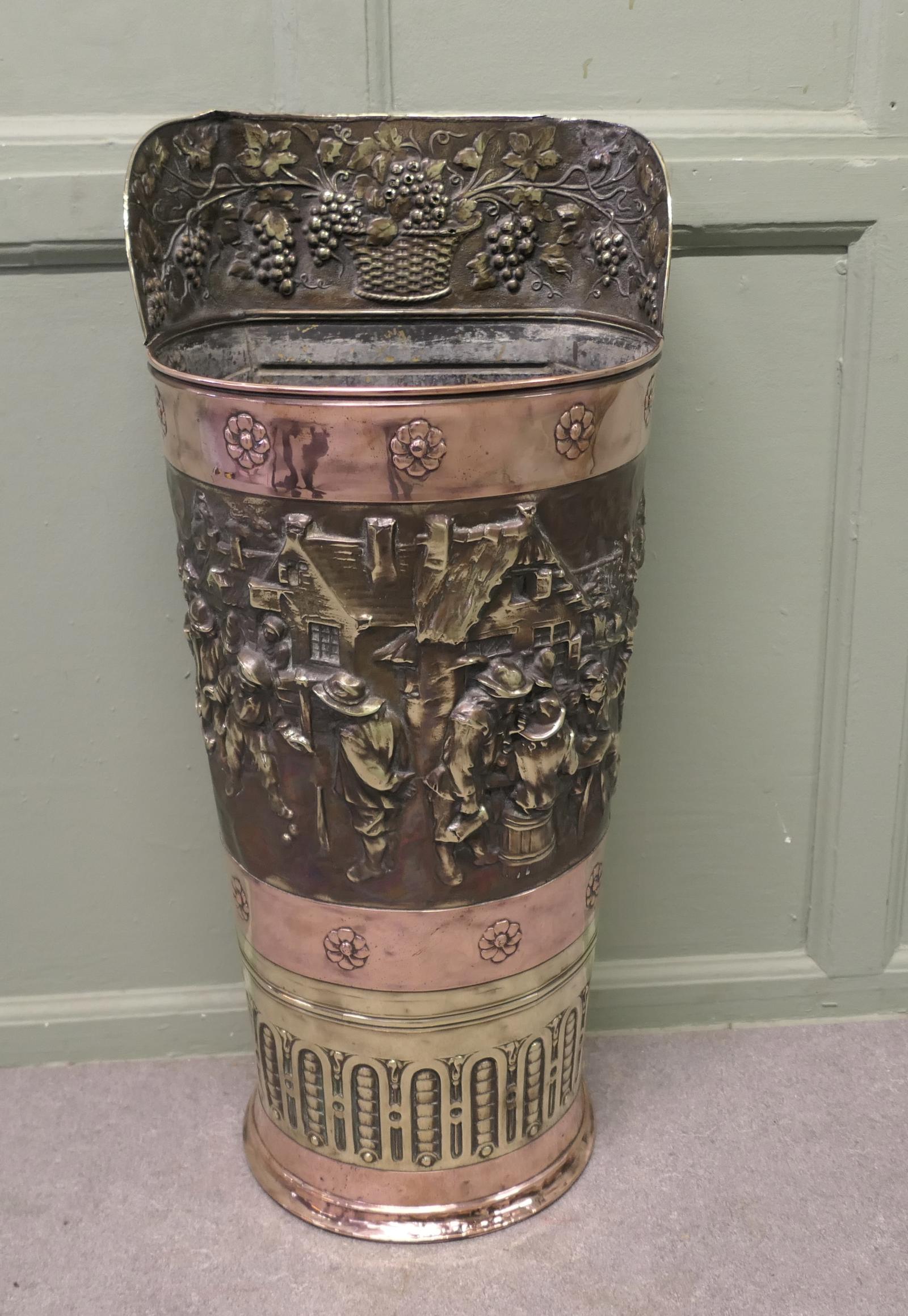 Very Large French Arts and Crafts Embossed Brass Stick Stand (1 of 6) Very Large French Arts and Crafts Embossed Brass Stick Stand (1 of 6)