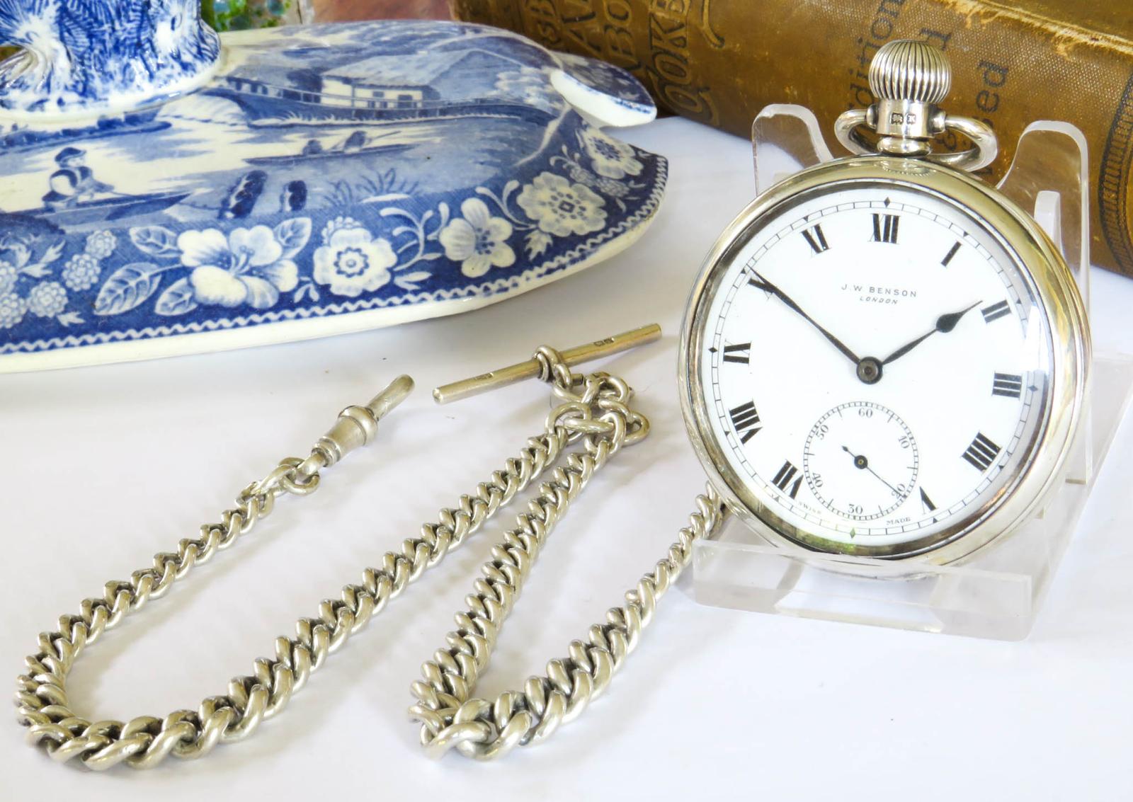 Pocket Watch: Silver Cyma Pocket Watch & Chain - J W Benson 1934 (1 of 5) Pocket Watch: Silver Cyma Pocket Watch & Chain - J W Benson 1934 (1 of 5)