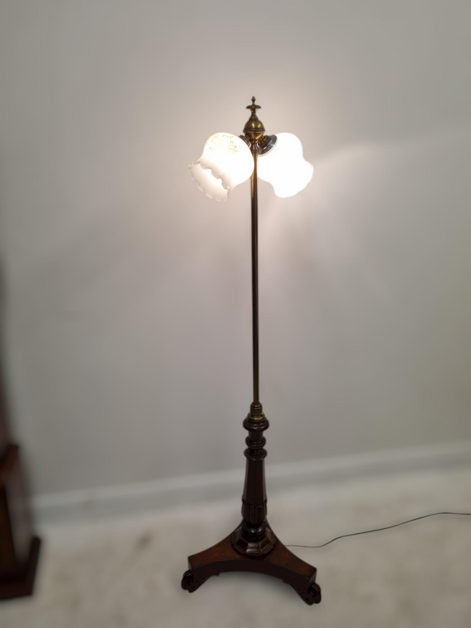 Vintage Mahogany & Brass Floor Lamp with Triple Glass Shades / C1930s (1 of 7)