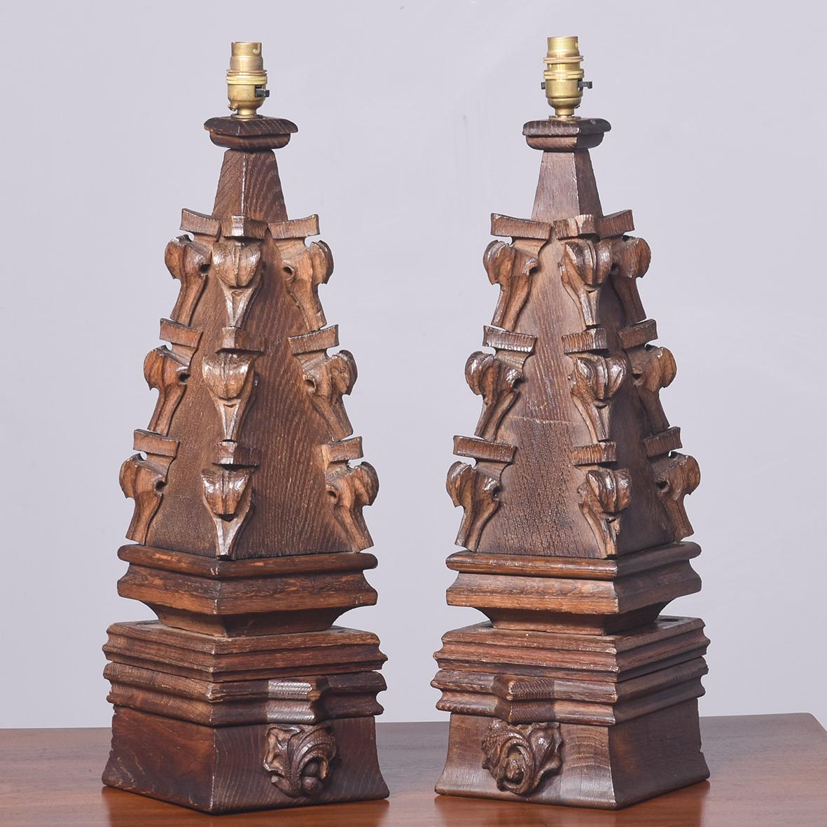 Pair of Carved Oak Gothic Lamps (1 of 9)