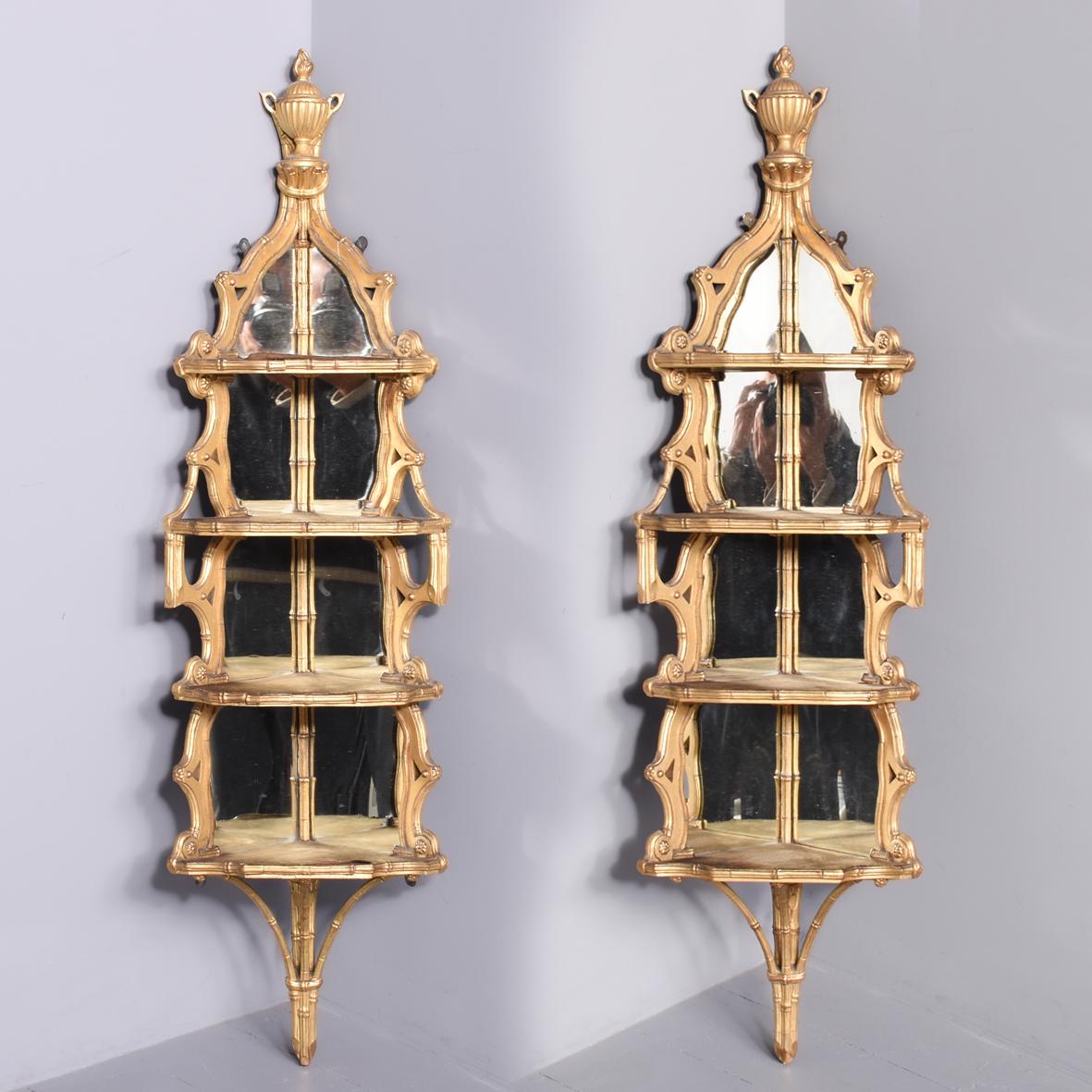 Pair of Victorian Carved Giltwood & Mirrored Corner Hanging Shelves (1 of 12)