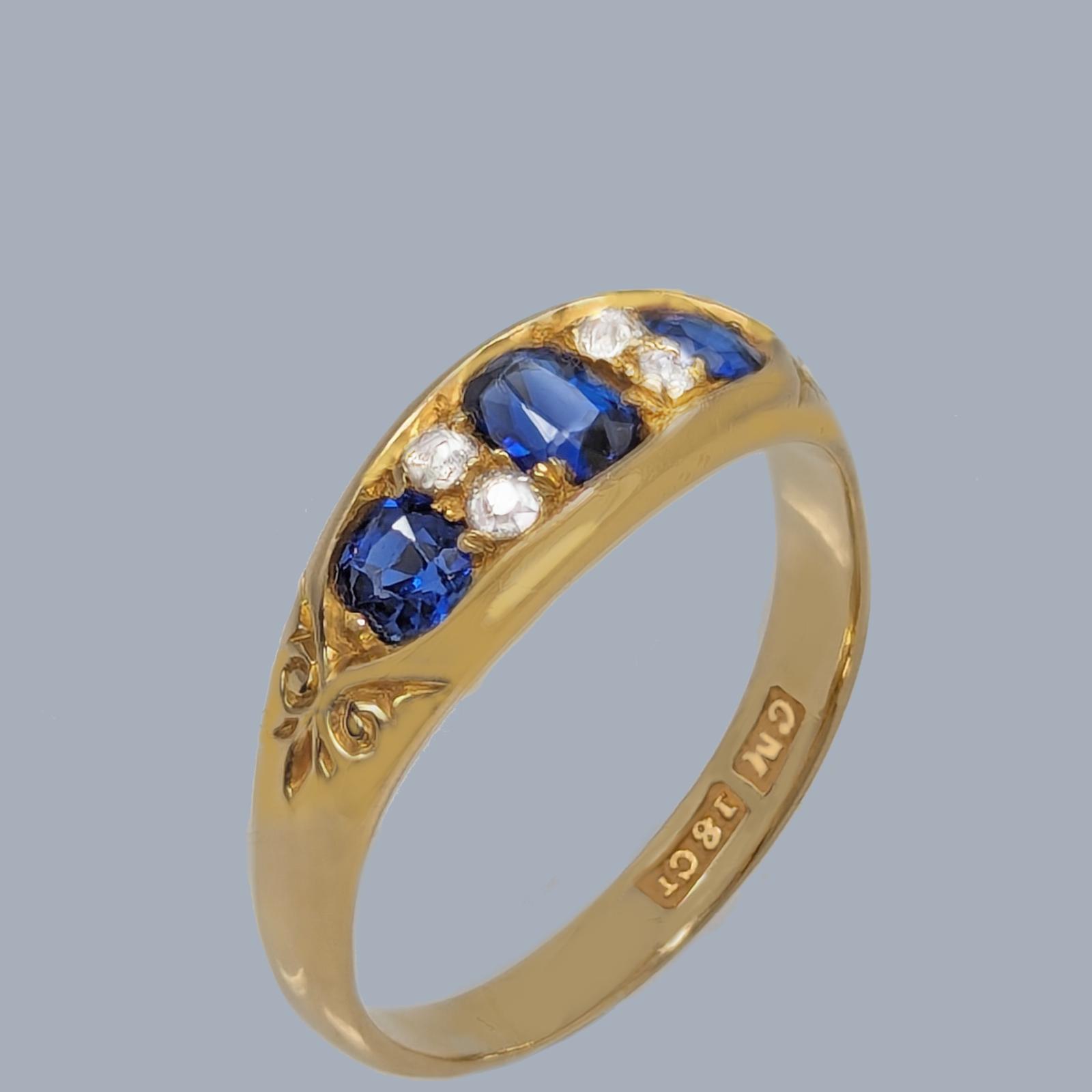 Victorian Sapphire & Diamond Boat Ring 18ct Gold English Antique Ring Circa 1890 (1 of 9)