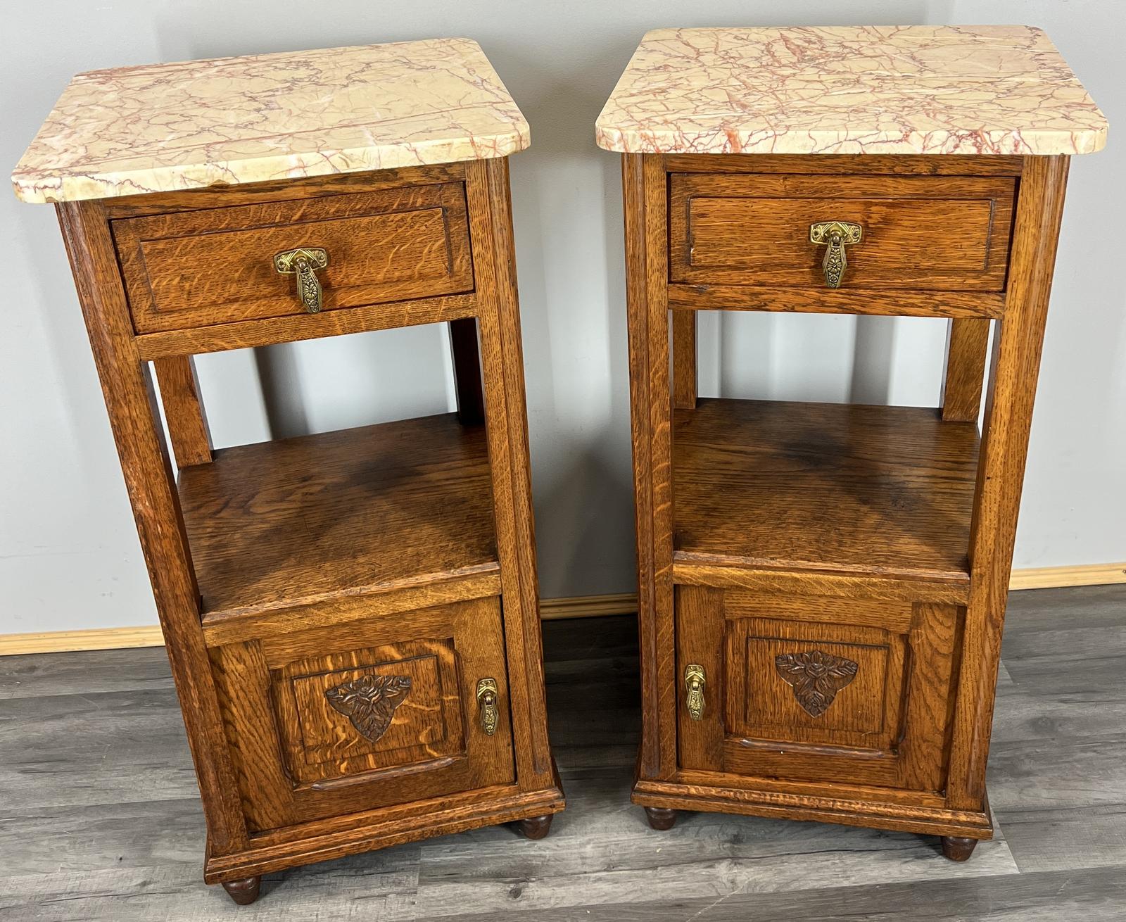 Pair of Bedside Tables Antique French Oak Marble Tops Carved Cabinets (1 of 10)