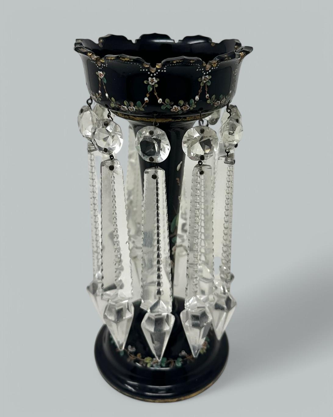 Antique Crystal Bohemian Black Gilt Enamel Lusters Lustres Candlestick Vase (1 of 6) Antique Crystal Bohemian Black Gilt Enamel Lusters Lustres Candlestick Vase (1 of 6)