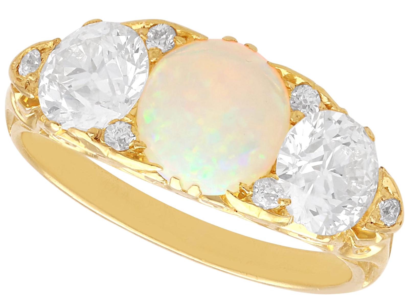 Antique 0.85ct Opal & 1.68ct Diamond, 18k Yellow Gold Trilogy Ring c.1890 (1 of 16)