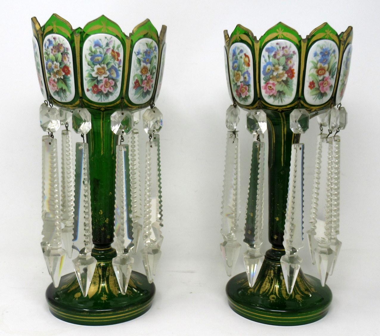 Antique Crystal Bohemian Emerald Green Enamel Pair Overlaid Lusters Candlesticks (1 of 8)