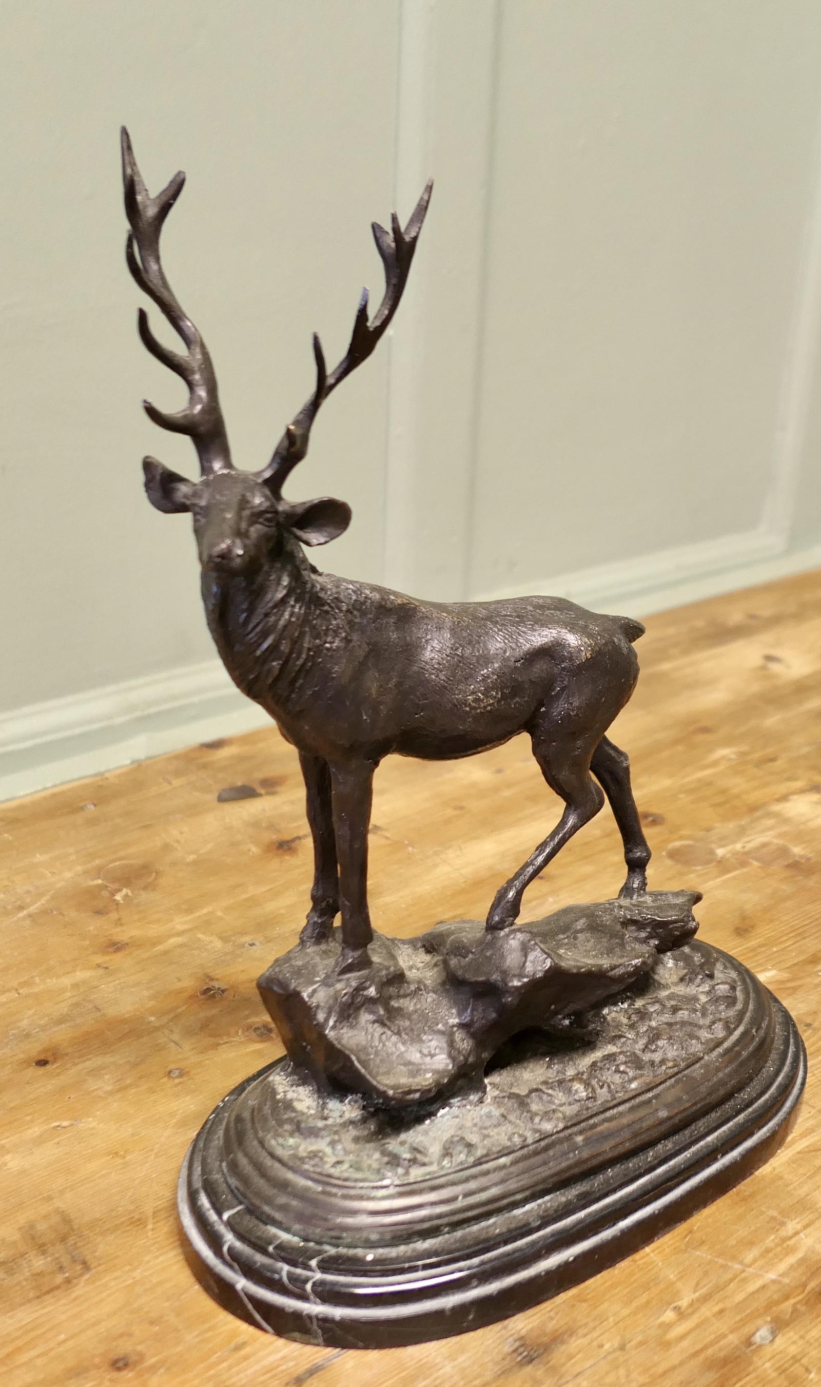 Signed Bronze Sculpture of a Stag Standing on a Rock Set on a Marble Plinth (1 of 7) Signed Bronze Sculpture of a Stag Standing on a Rock Set on a Marble Plinth (1 of 7)