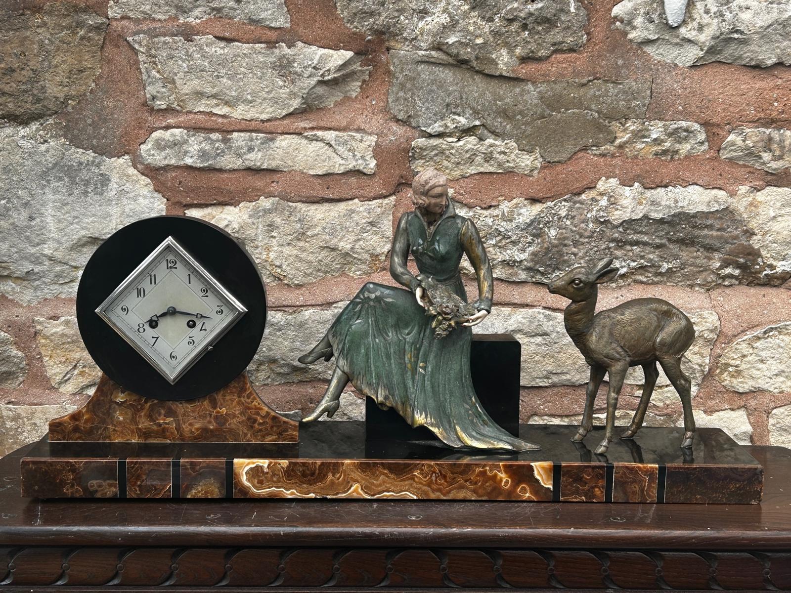 Wonderful Rare Art Deco Figural Slate & Marble Mantle Clock - 8 Day Striking (1 of 12)