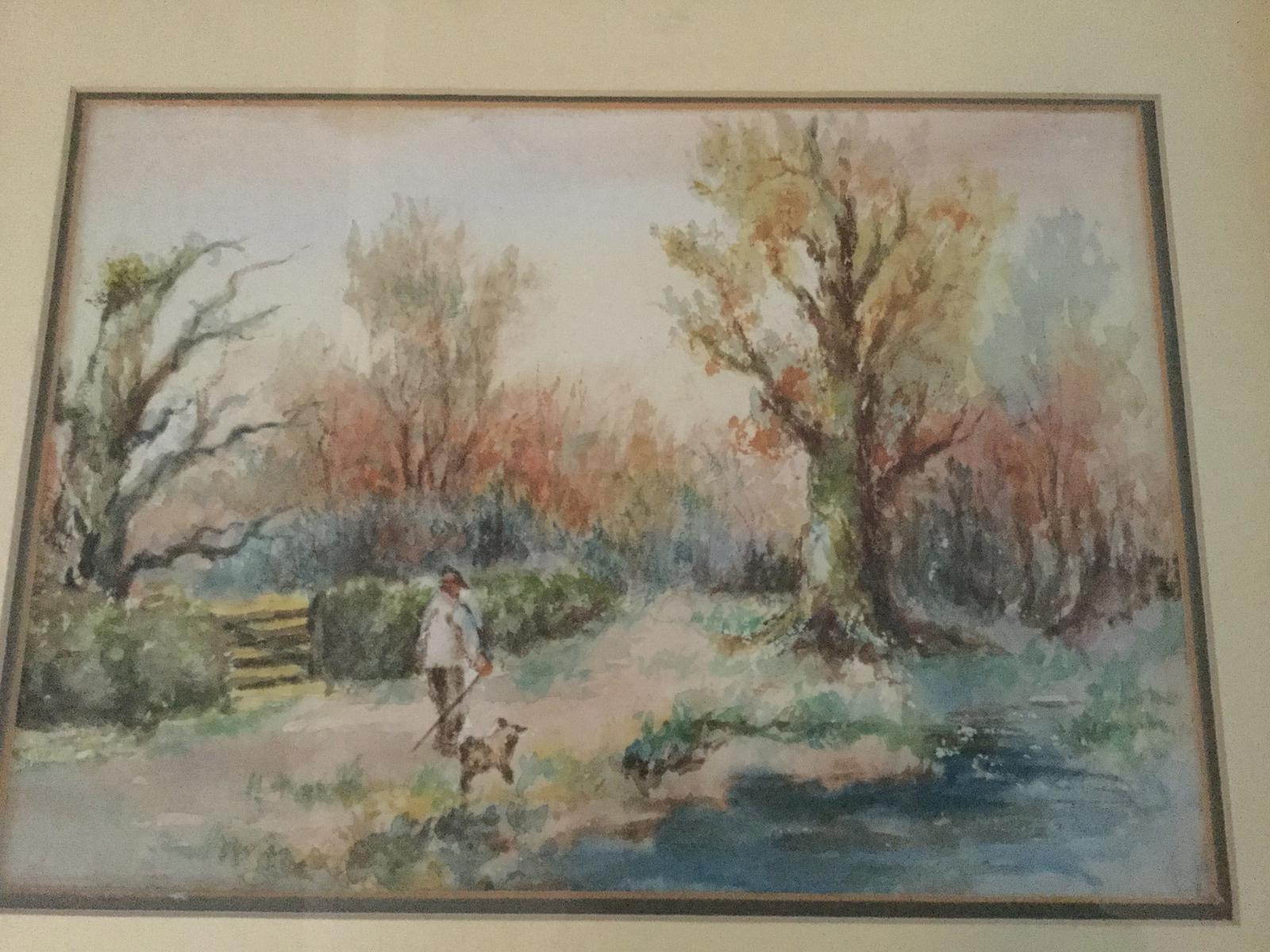 Watercolour - A Man Walking with a Dog (1 of 2)