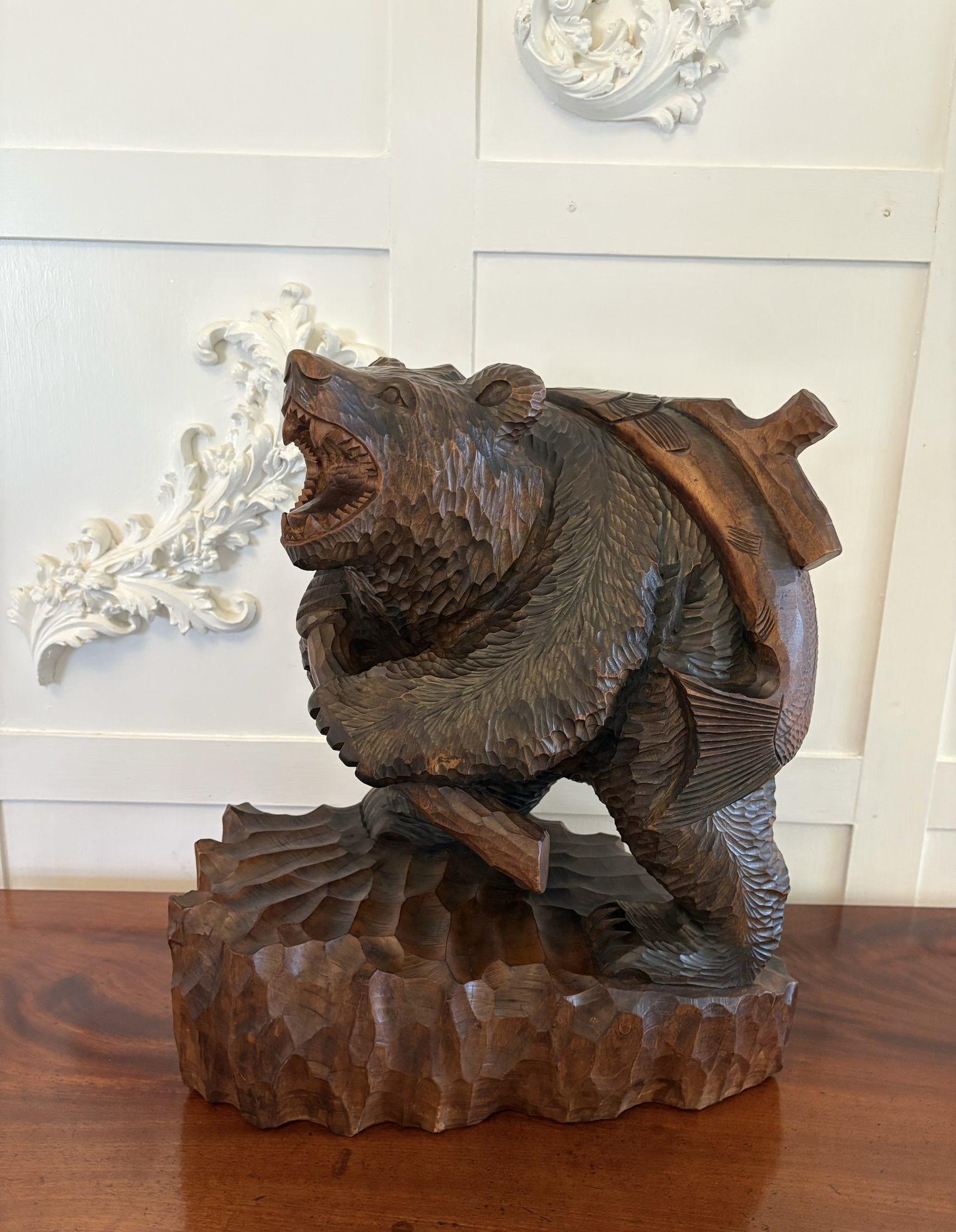 Large Antique Quality Carved Linden Wood Japanese Bear Carrying a Fish (1 of 12)