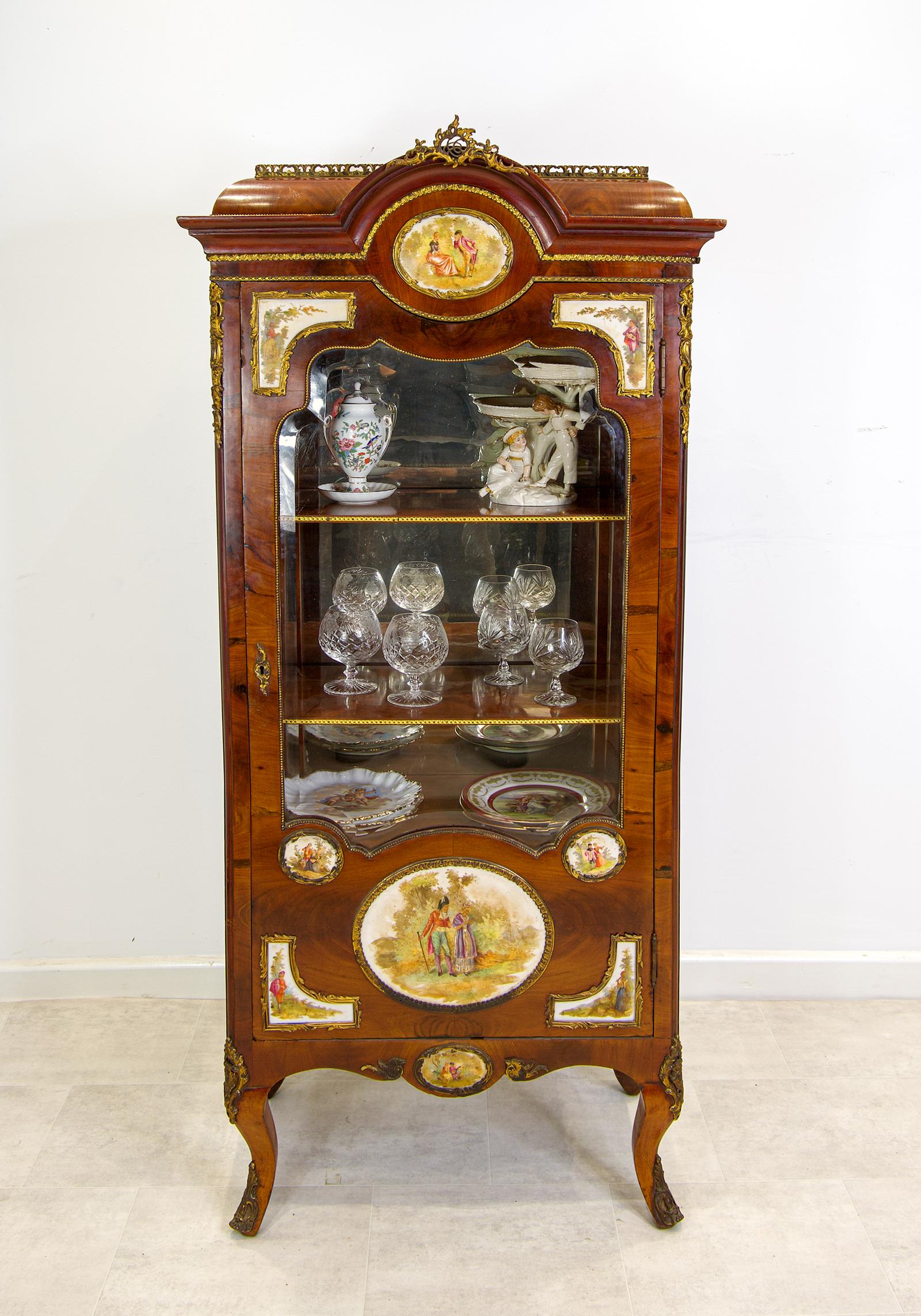 Antique Walnut Vitrine Cabinet with Porcelain Plaques, c.1910 (1 of 5)