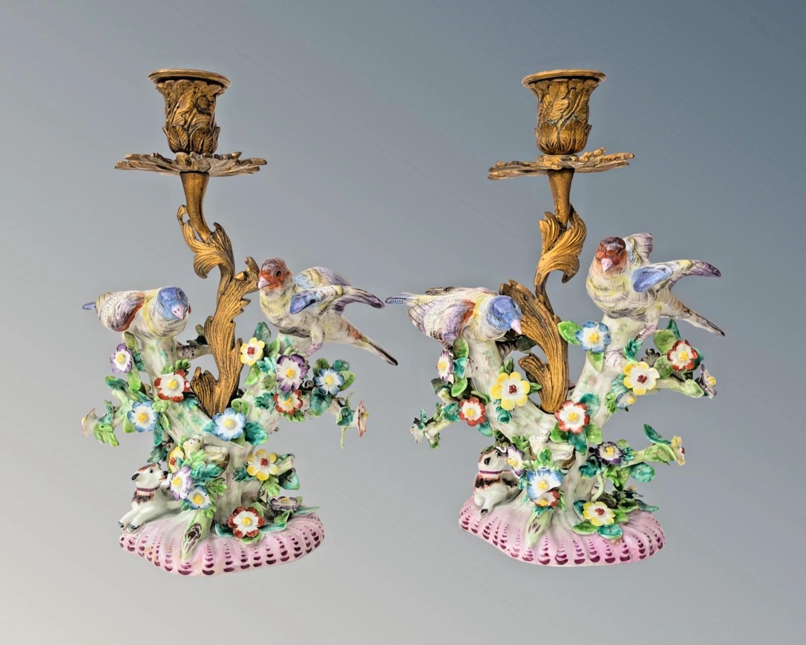 Good Pair of Derby Porcelain Bird Candelabra Gilt Bronze (1 of 14)