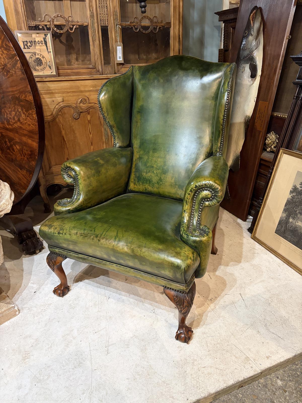 English Green Leather Armchair Standing on Carved Legs (1 of 6)