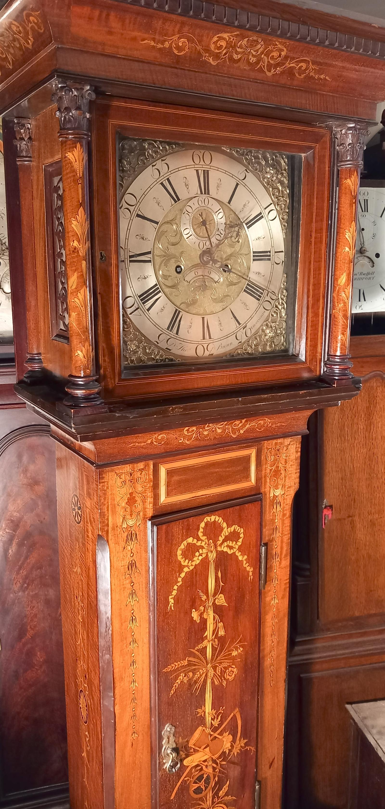 ANTIQUE MAHOGANY /MARQUETRY LONGCASE CLOCK (1 of 9)