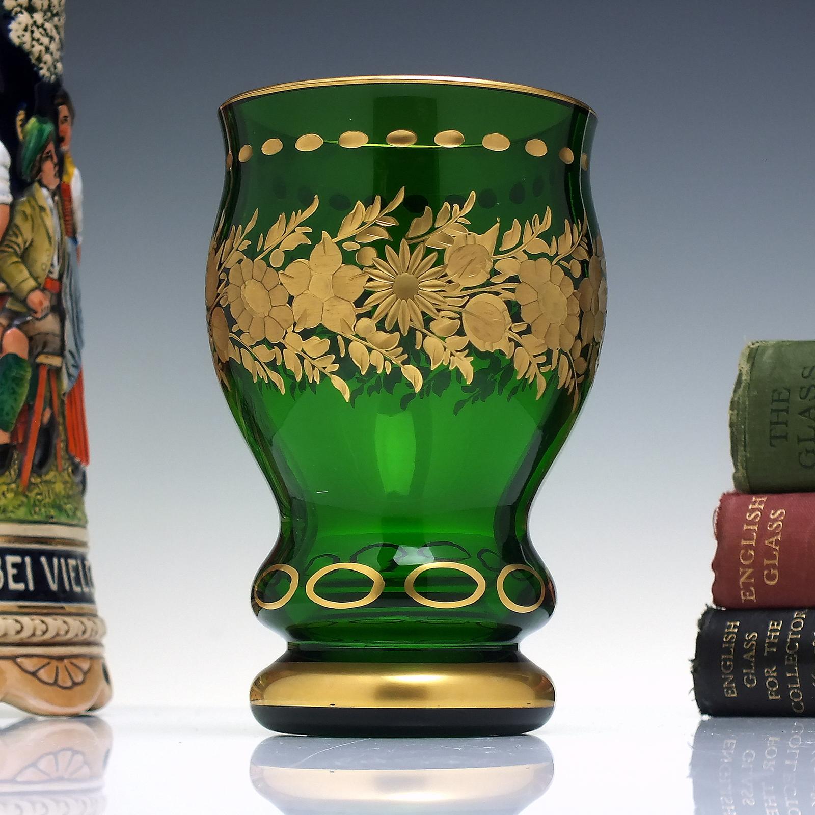 Bohemian Engraved and Gilded Green Glass Tumbler C1890 (1 of 5)