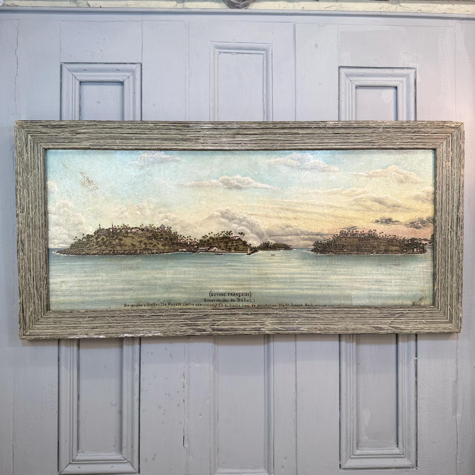 Large Antique French Coastal Landscape Oil Painting of Groupe Des Isles du Salut, Guyane Française Signed C Frenefato (1 of 13)