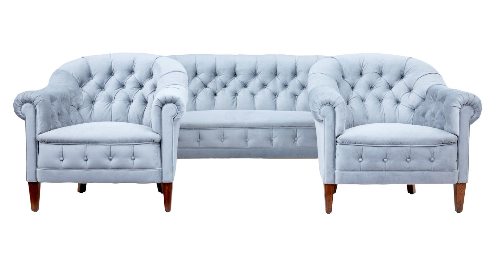 Early 20th Century Buttonback 3 Piece Suite Sofa & 2 Chairs (1 of 15)