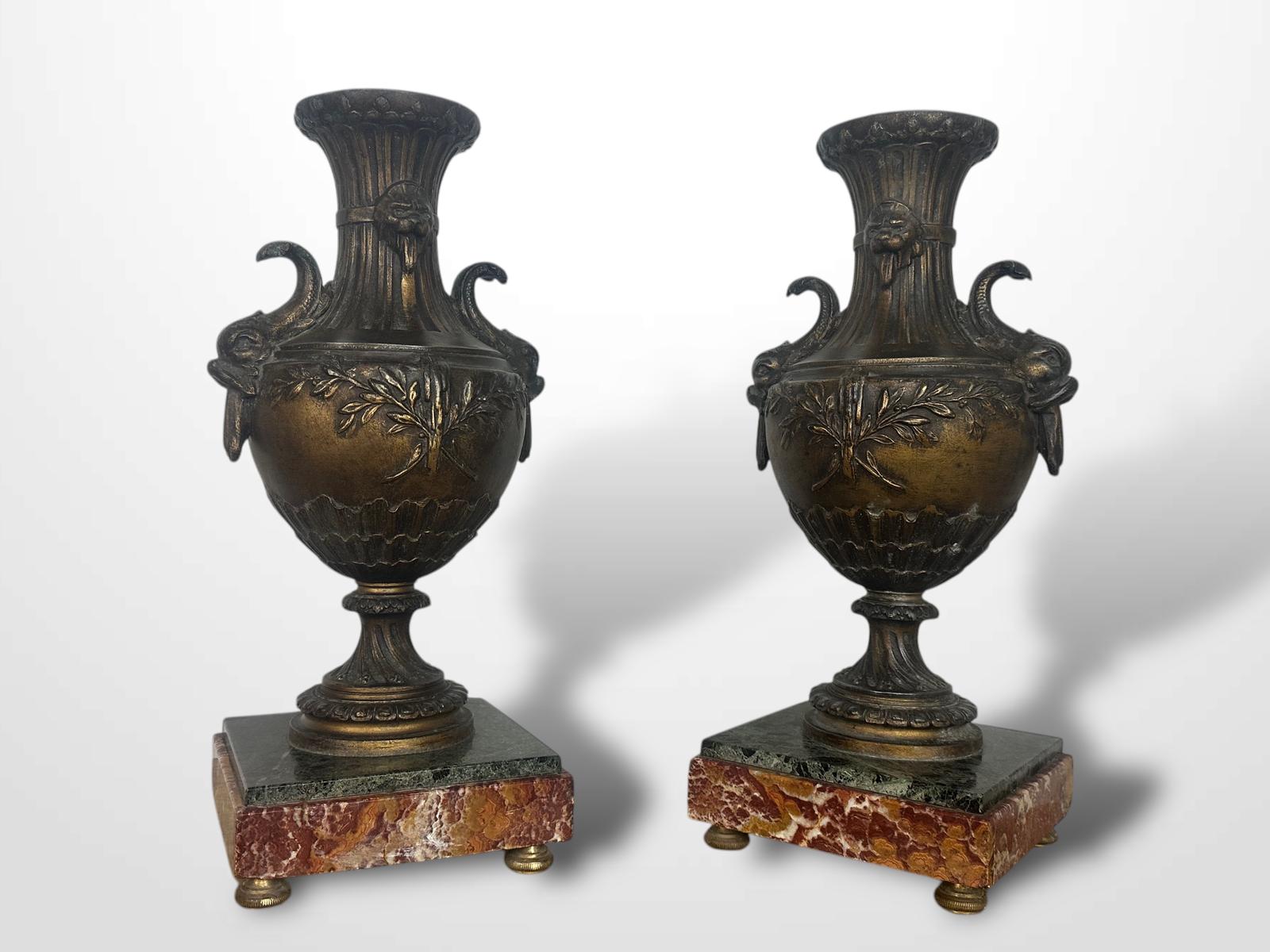 Pair of French Spelter Vases Urns on Marble Bases (1 of 12)