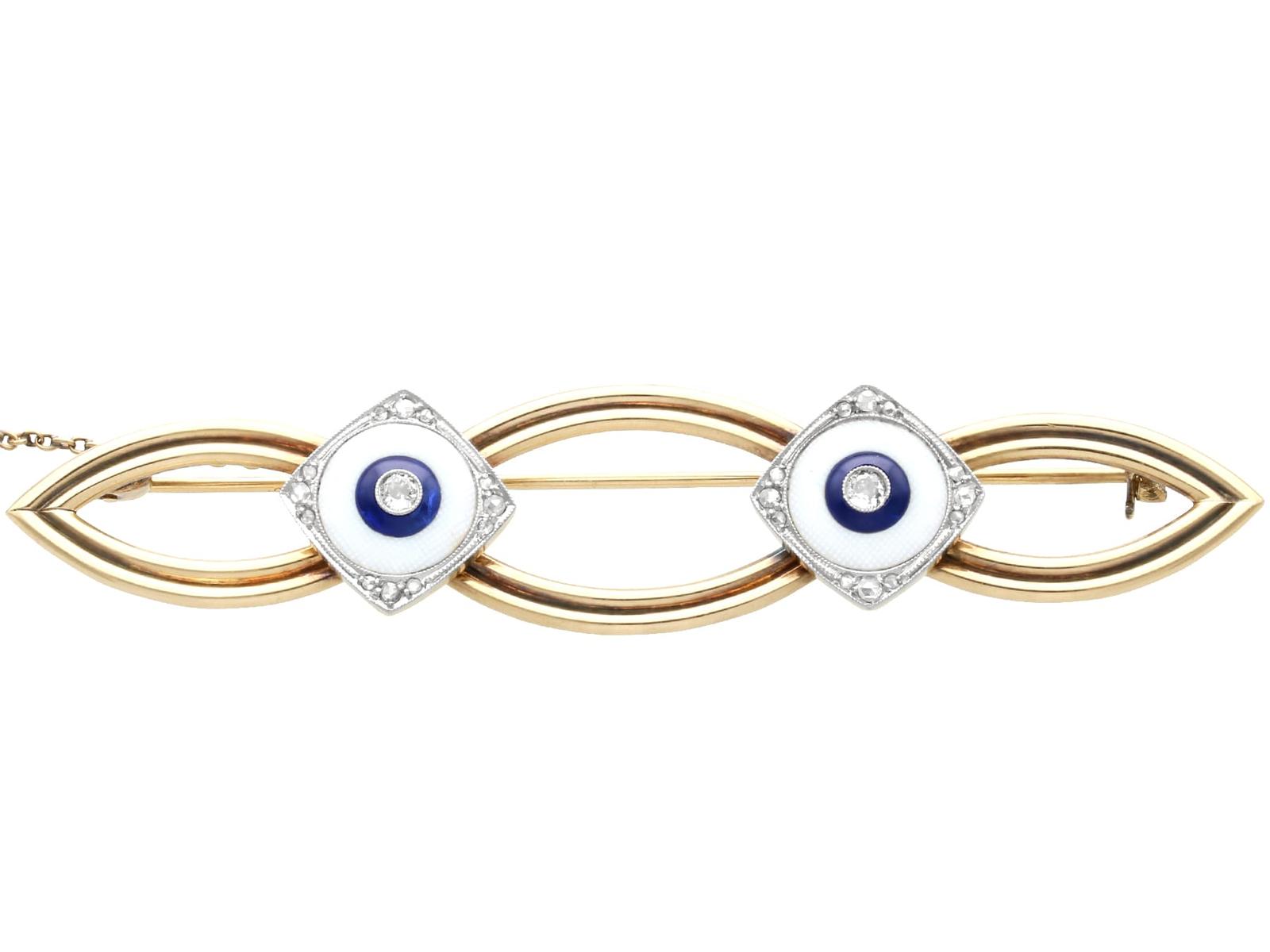 0.32ct Diamond, Enamel, Carved Hardstone & 14ct Yellow Gold Brooch - Antique c.1910 (1 of 10)