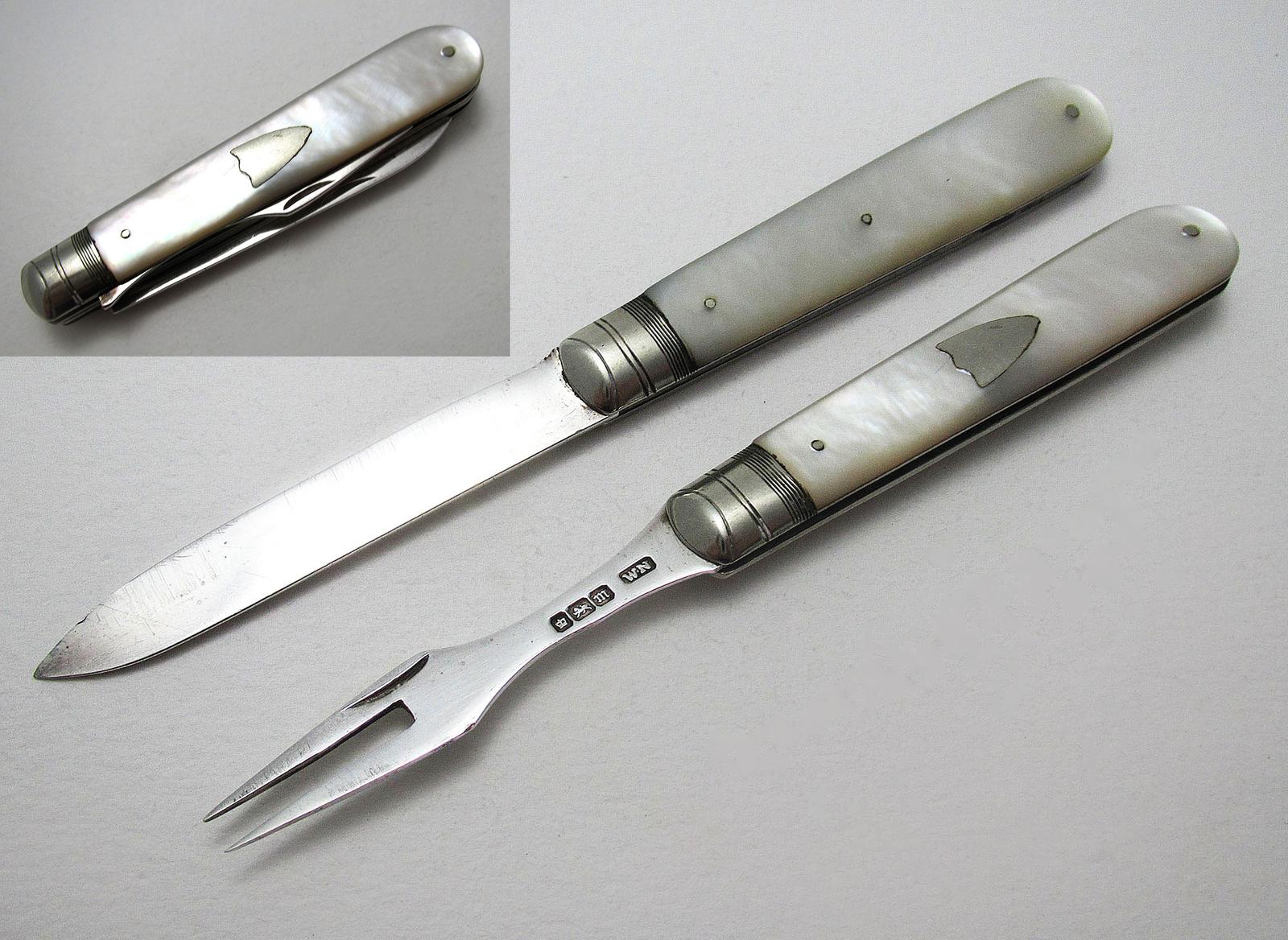 Rare Antique Sheffield 1904 Combination Campaign Sterling Silver & Mother of Pearl Folding Fruit Knife and Fork, William Needham (1 of 7)