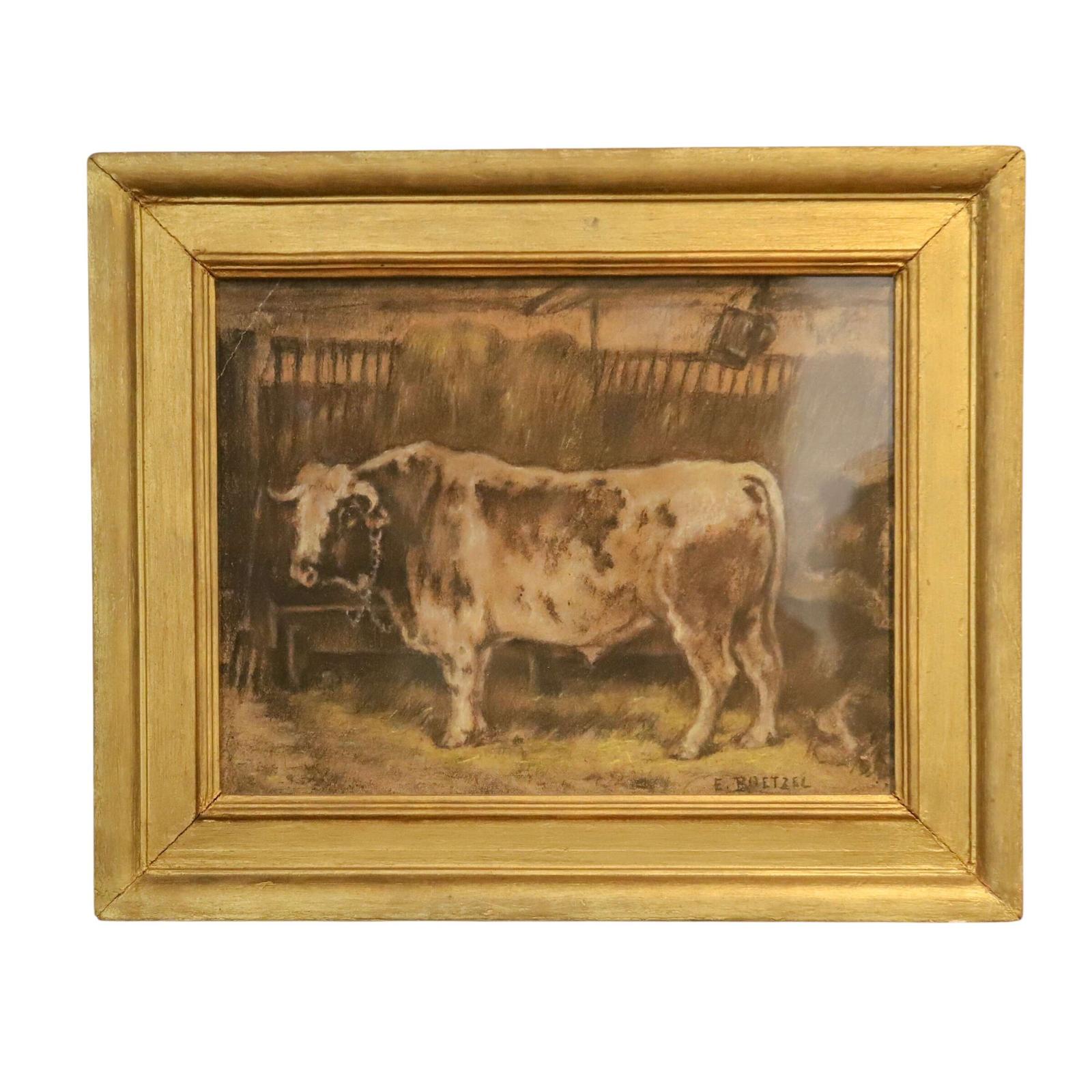 Naïve Pastel on canvas of ‘Bull in a Stable’ by E. Boetzel 1830-1913 (1 of 6)