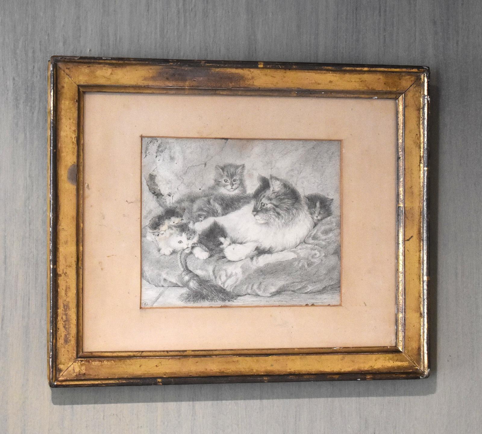 Victorian Drawing of a Cat with Kittens (1 of 5)