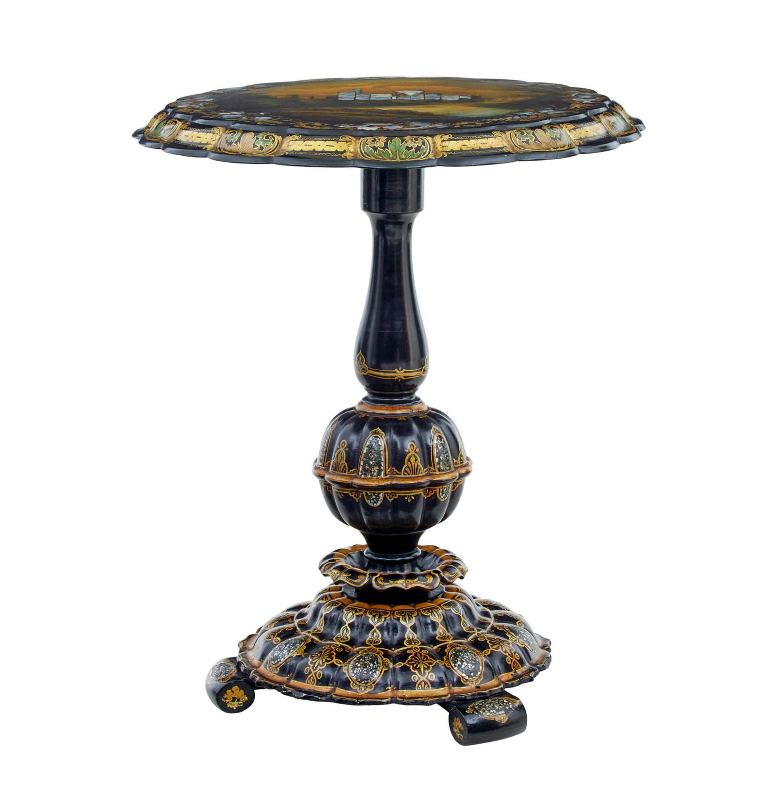 19th Century Papier Mache & Painted Mother of Pearl Inlaid Tilt-top Table (1 of 10) 19th Century Papier Mache & Painted Mother of Pearl Inlaid Tilt-top Table (1 of 10)