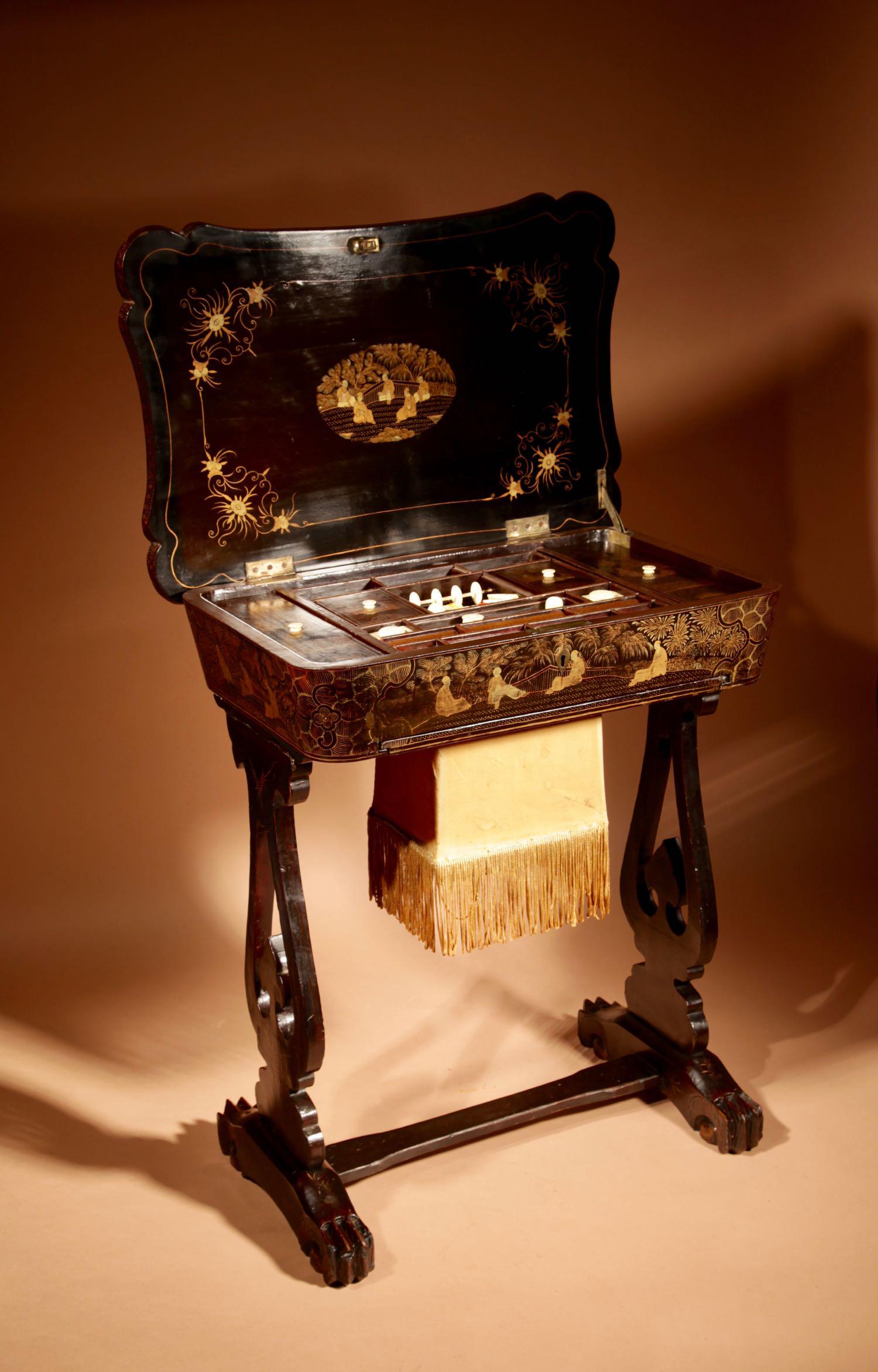Original Lacquered Sewing / Work Table Still With The Original Gold Paint Work, Chinese, 19th Century (1 of 16)