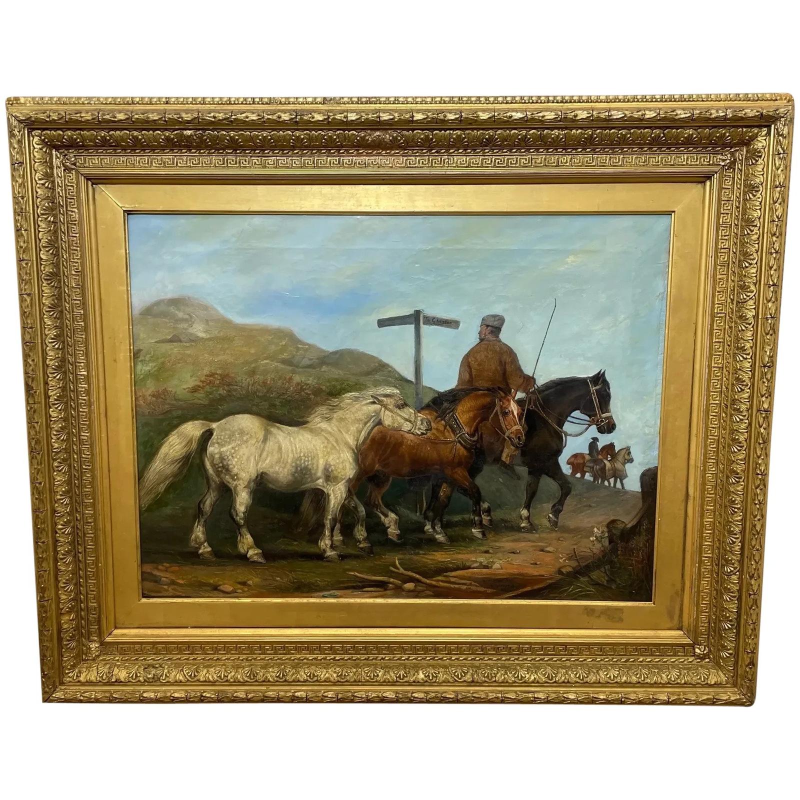 19th Century Oil Painting Horses "On The Road" To Chester By Edward Lloyd (1 of 57)