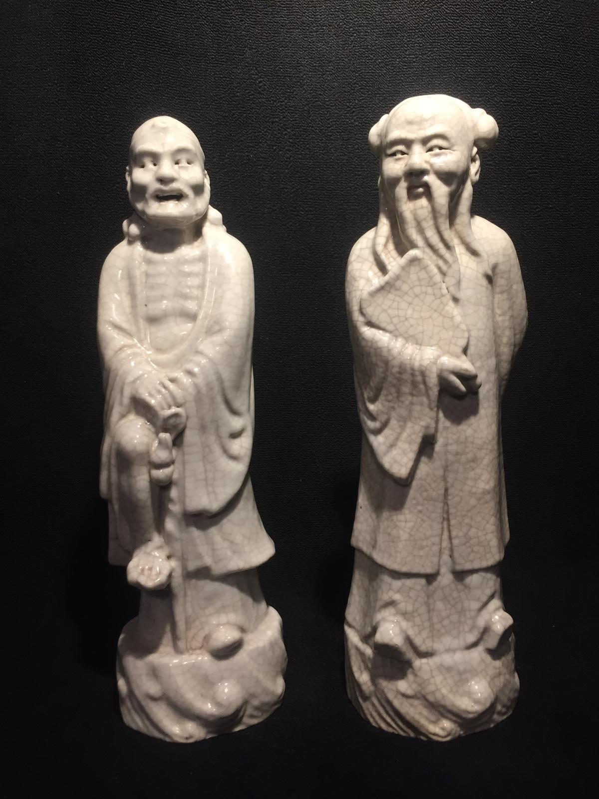 Pair of Qing Period Chinese White Crackle Glaze Immortals of Lohan (1 of 9)