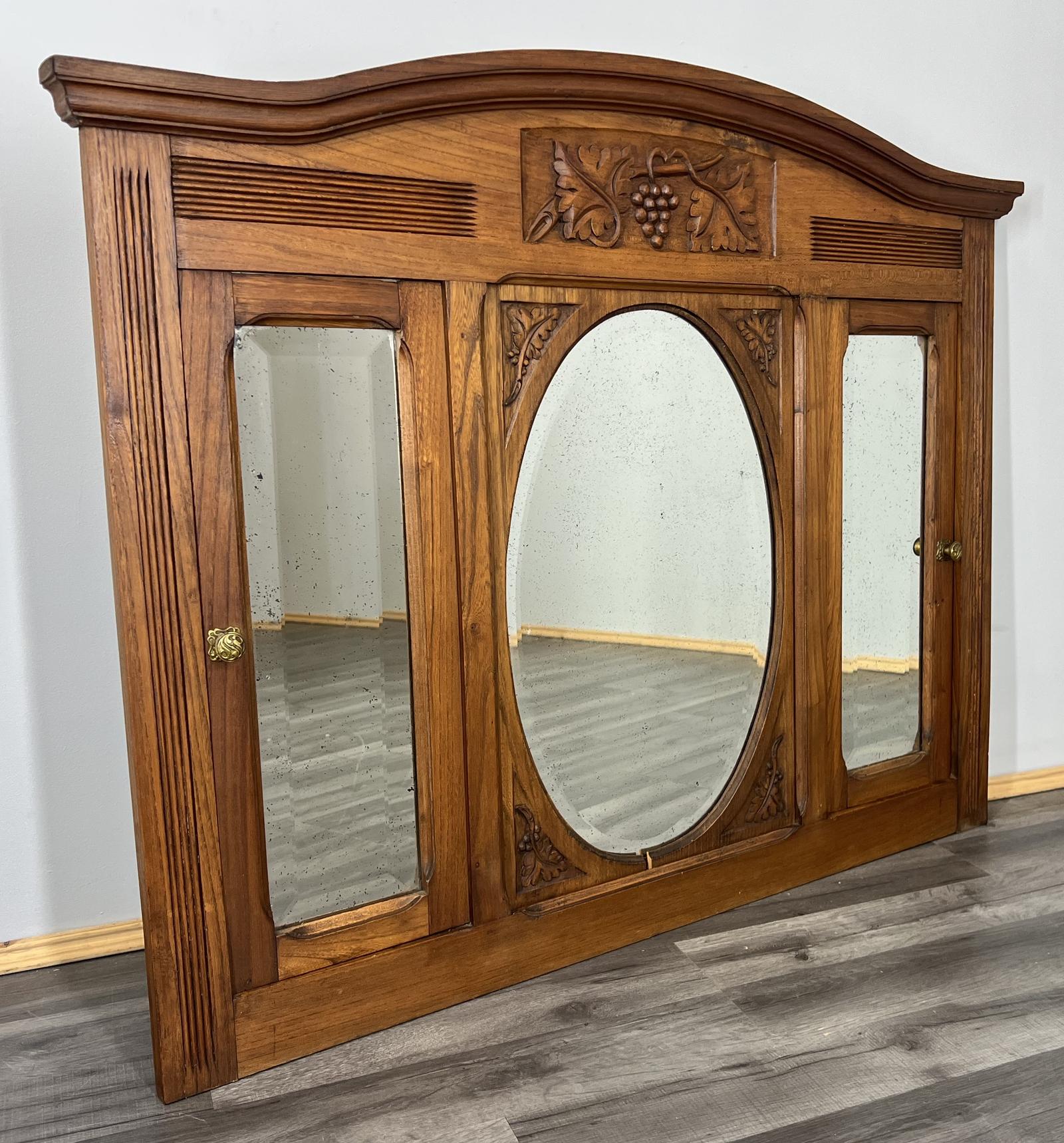 Wall Mirror Antique French Oak Carved Triple Vanity Panel Grapes Motif (LOT 3847) (1 of 11)