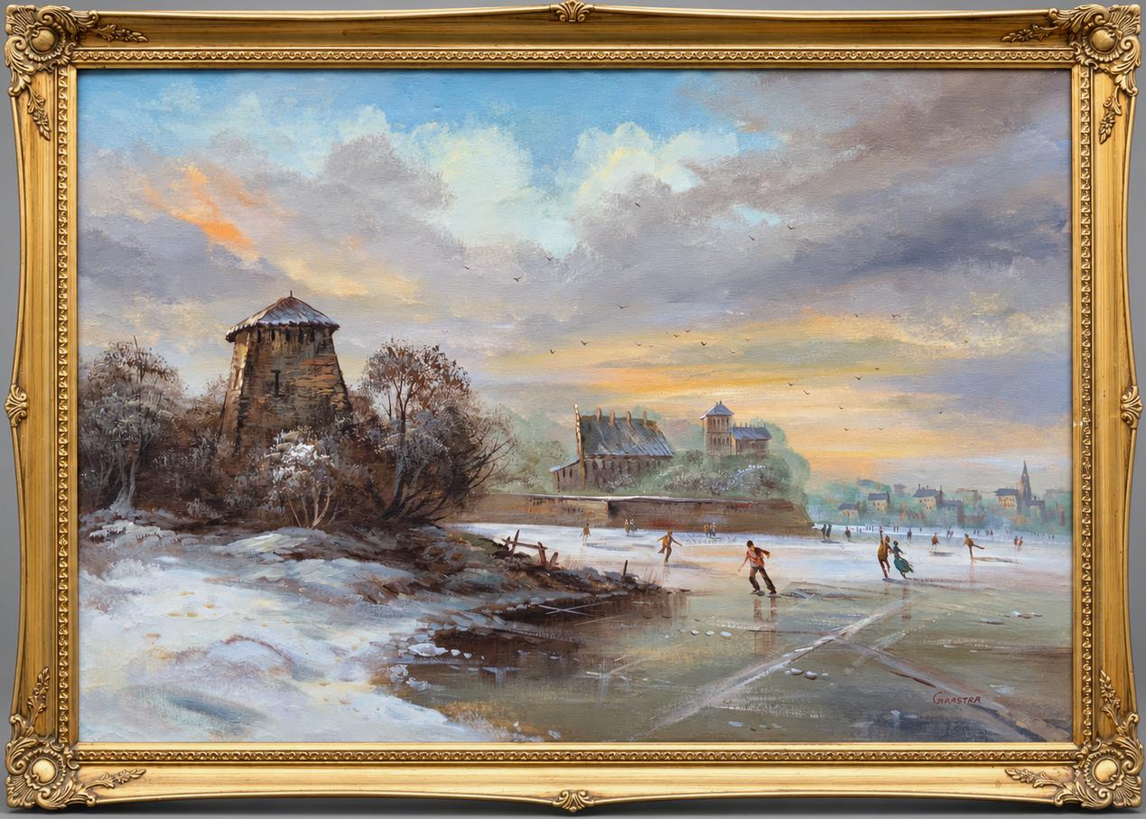 Large Vintage Dutch Winter Landscape Oil Painting - Ice Skaters Signed Gaastra (1 of 9) Large Vintage Dutch Winter Landscape Oil Painting - Ice Skaters Signed Gaastra (1 of 9)