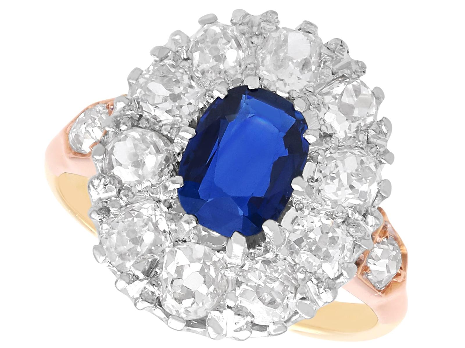 Antique 1.40ct Sapphire & 2.02ct Diamond, 9ct Yellow Gold Cluster Ring c.1920 (1 of 9)