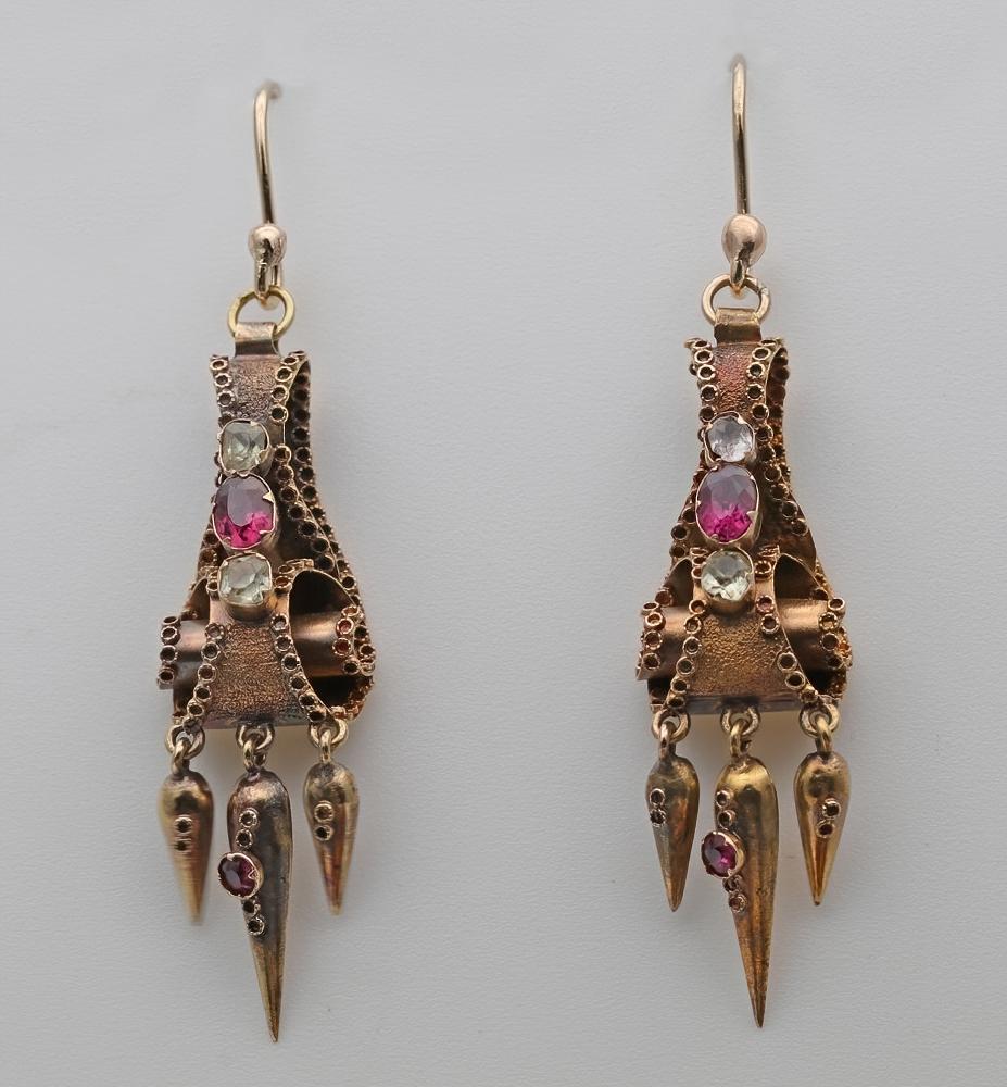 Antique Gold Ear Rings with Tourmalines & Peridots (1 of 4)