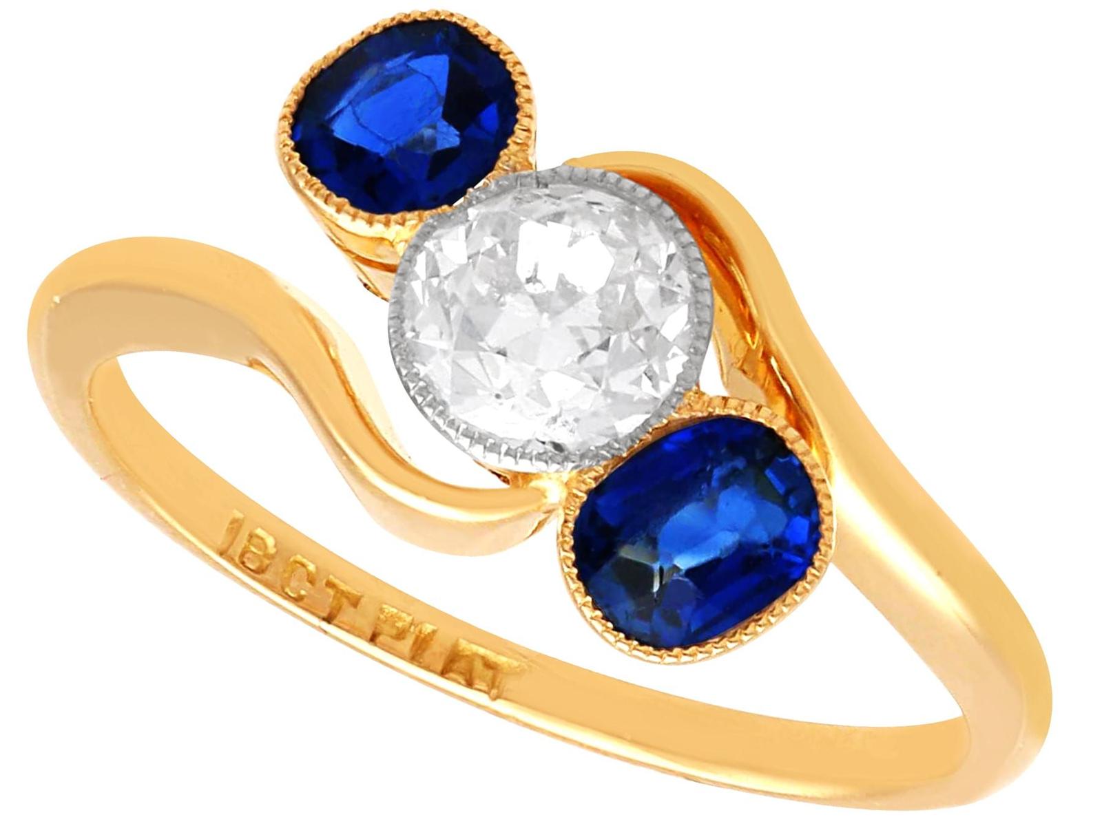 Antique 0.60ct Sapphire & 0.51ct Diamond 18ct Yellow Gold Twist Ring c.1910 (1 of 13)