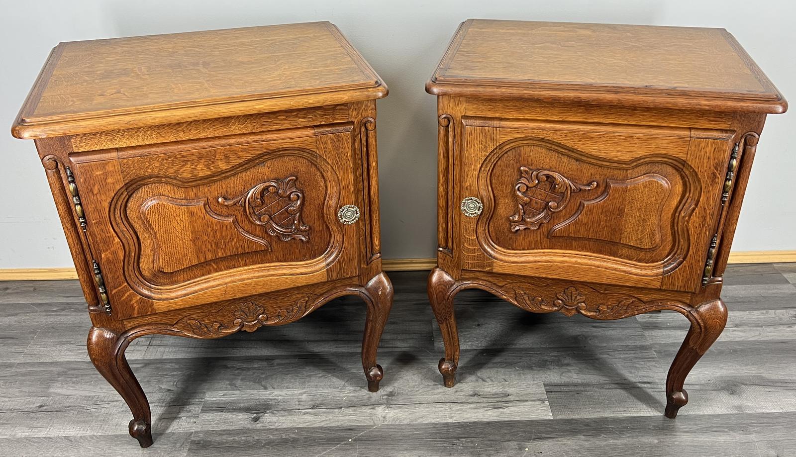 Pair of  Bedside Tables Vintage French Nightstands Oak Cabinets Carved Door (1 of 11)