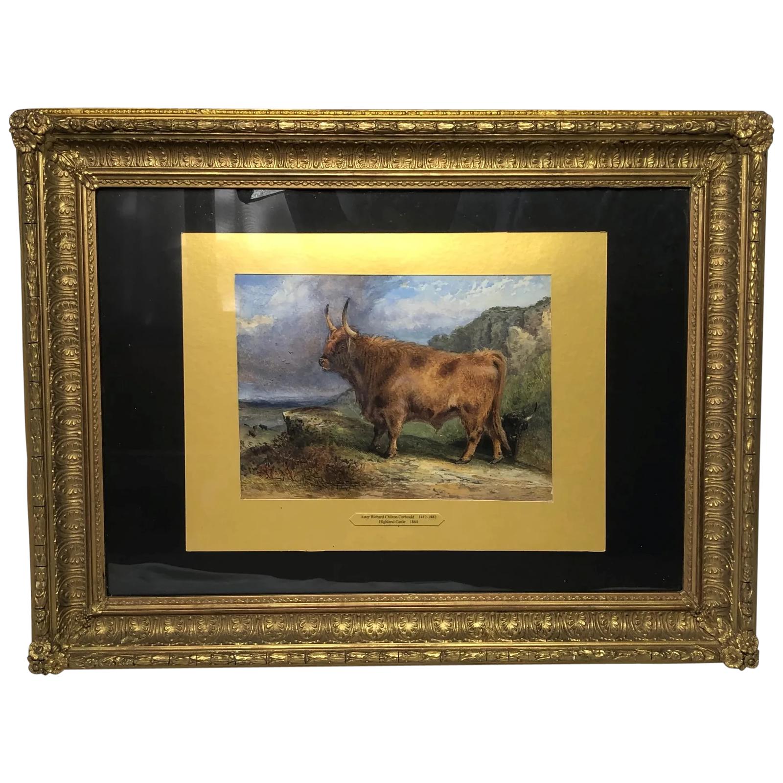 Victorian Scottish Highland Painting of Cattle by Aster Richard Chilton Corbould (1 of 40)