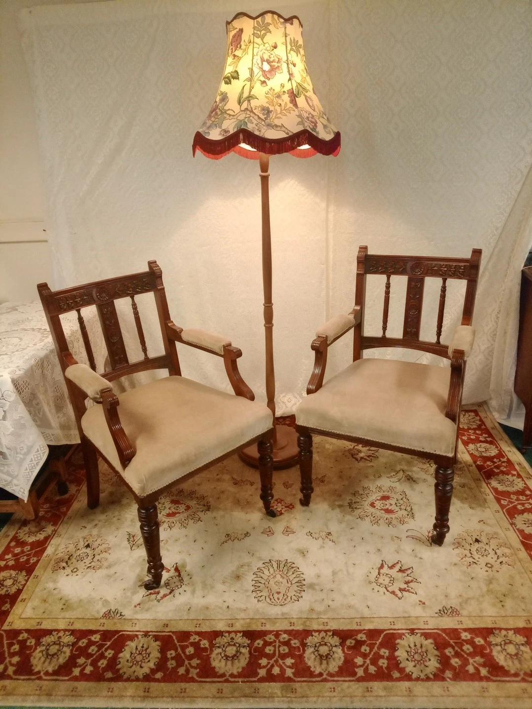 Antique Pair of Armchairs with Wood Carving & Exquisite Upholstery (1 of 9) Antique Pair of Armchairs with Wood Carving & Exquisite Upholstery (1 of 9)