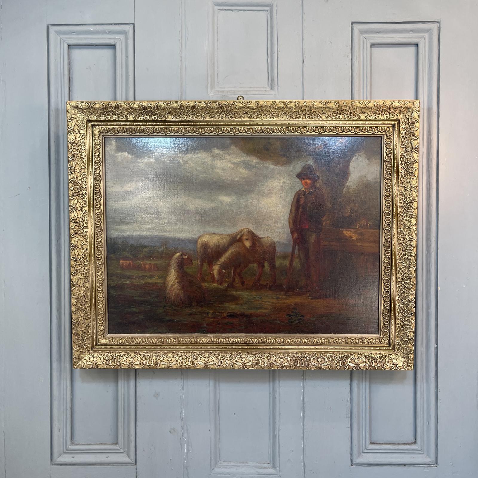 Antique Georgian Landscape Oil Painting Study of Shepherd Boy & Sheep After George Morland (1 of 10)