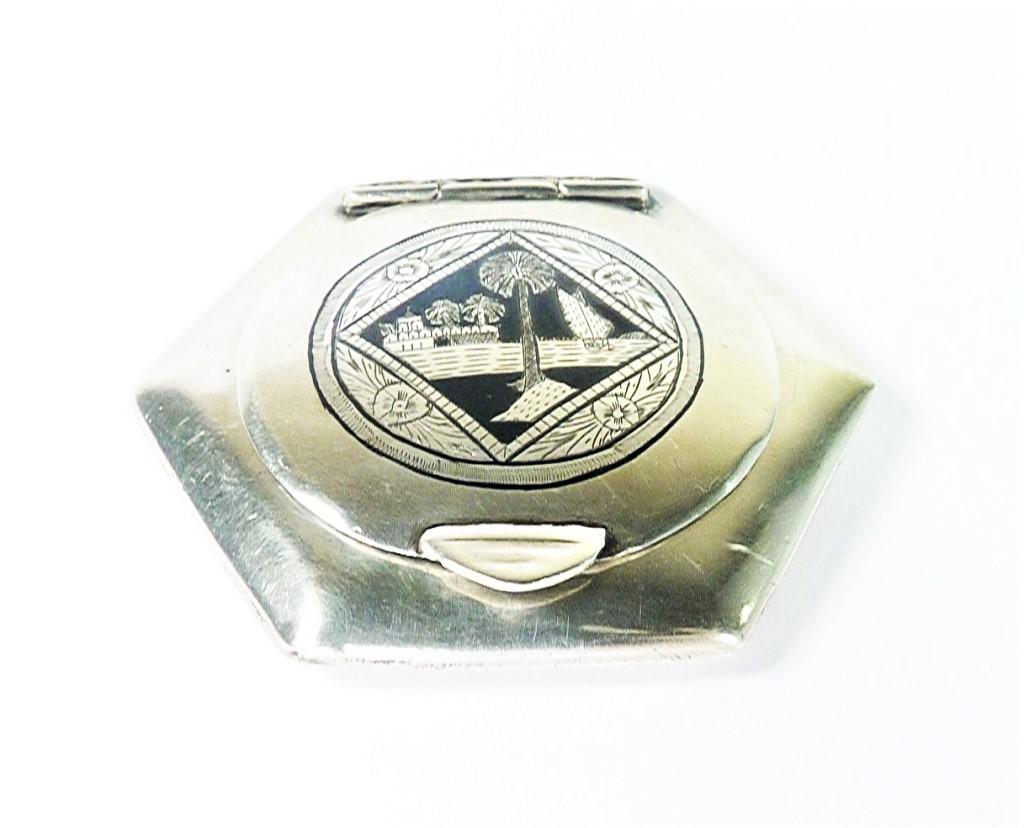 WWII Arabian Silver & Niello Compact Mirror 1940s (1 of 7)