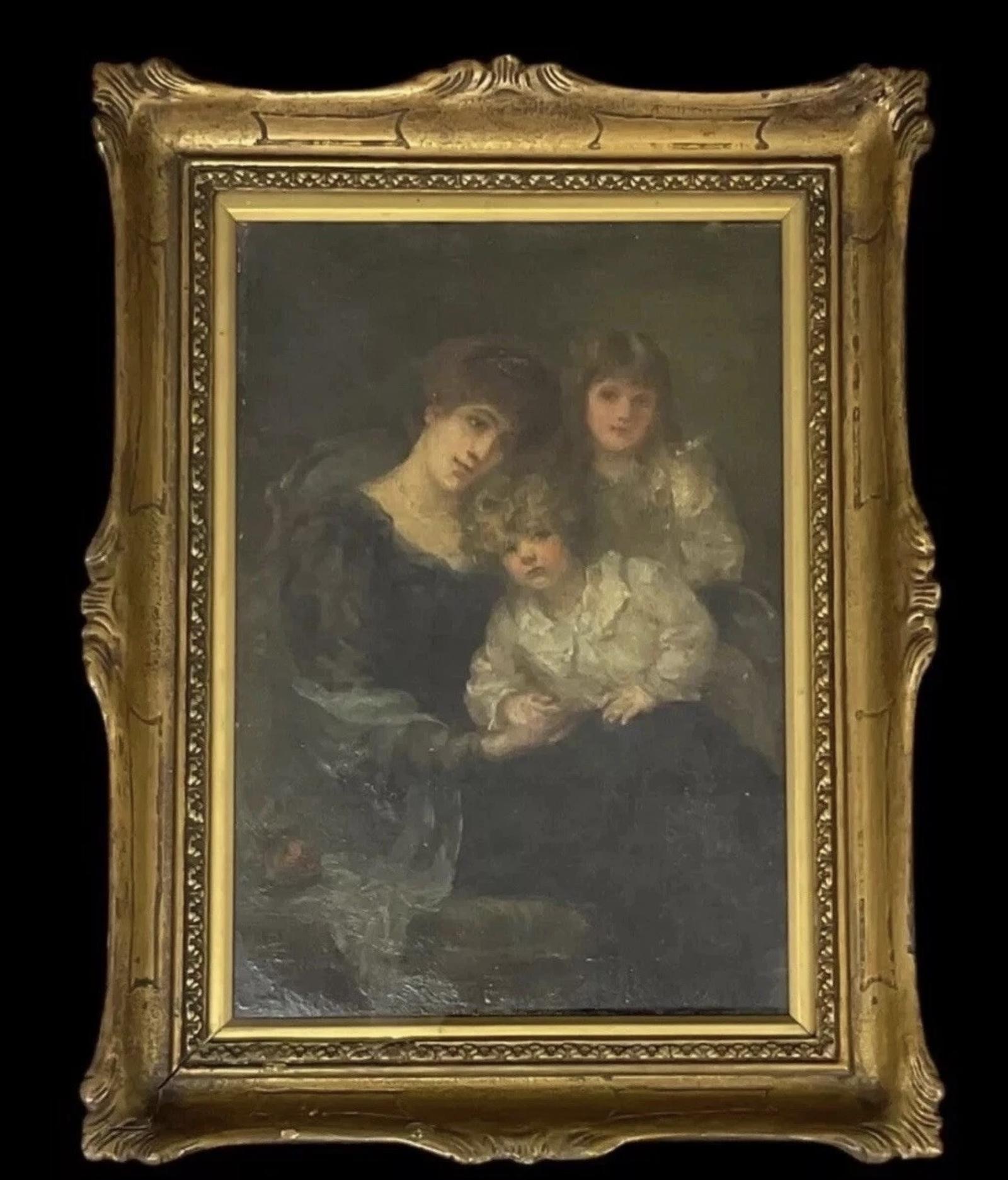 Early Victorian Oil On Canvas Portrait Painting Of A Lady,girl and Boy Antique C1850 (1 of 8) Early Victorian Oil On Canvas Portrait Painting Of A Lady,girl and Boy Antique C1850 (1 of 8)