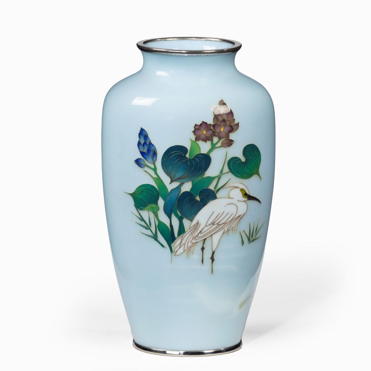 Small Light Blue Cloisonne Enamel Vase with an Egret (1 of 2)
