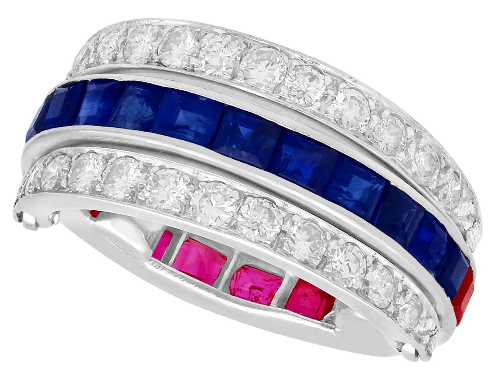 Vintage French 0.90ct Ruby, 0.90ct Sapphire & 0.80ct Diamond, Platinum Bilateral Ring c.1940 (1 of 9)