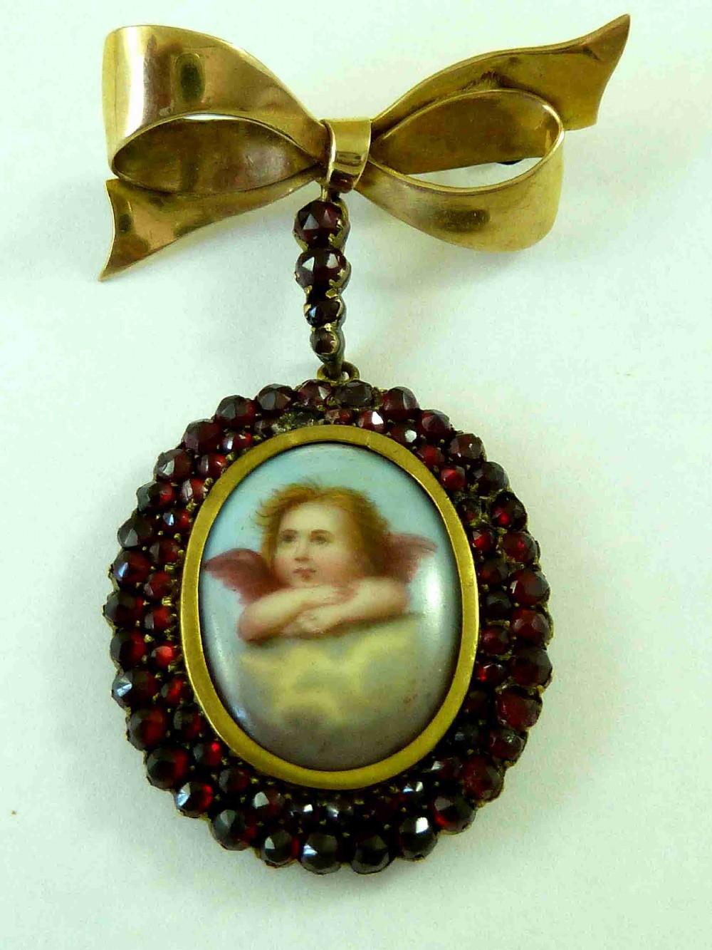 Gold Garnet Reynolds Angel Plaque Pendant Brooch Victorian Bow Pin (1 of 6)