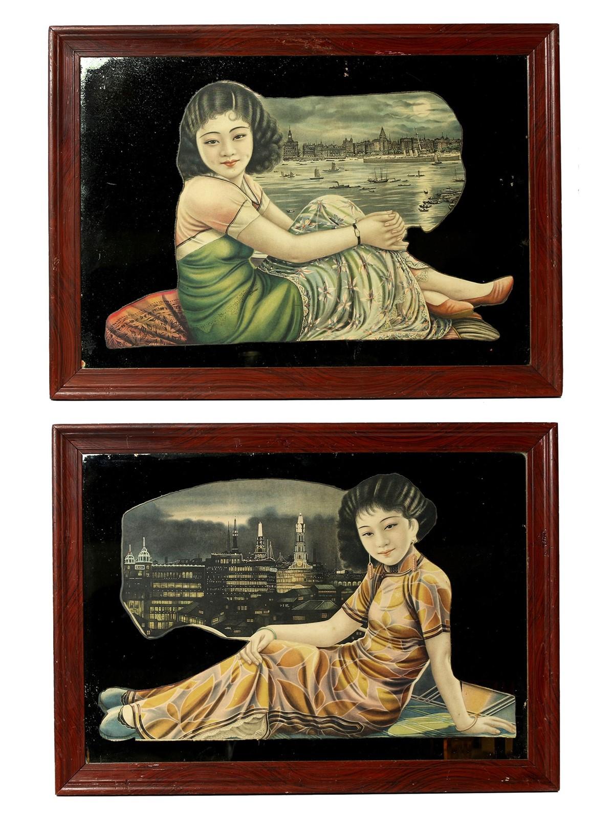 Pair of 1930s Mirror Signs with Shanghai 'beauties' (1 of 5)
