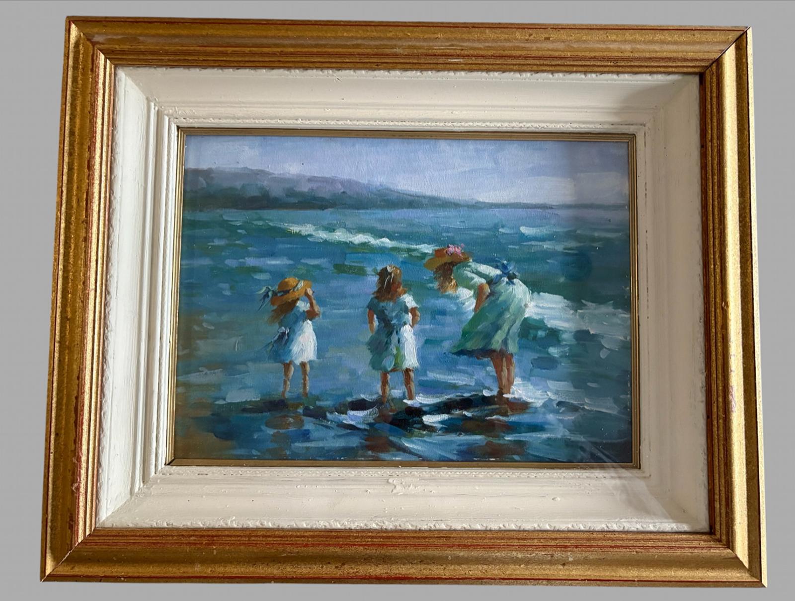 Charming Mid Century Seaside Oil Painting - Mother & Children at the Shore (1 of 4) Charming Mid Century Seaside Oil Painting - Mother & Children at the Shore (1 of 4)