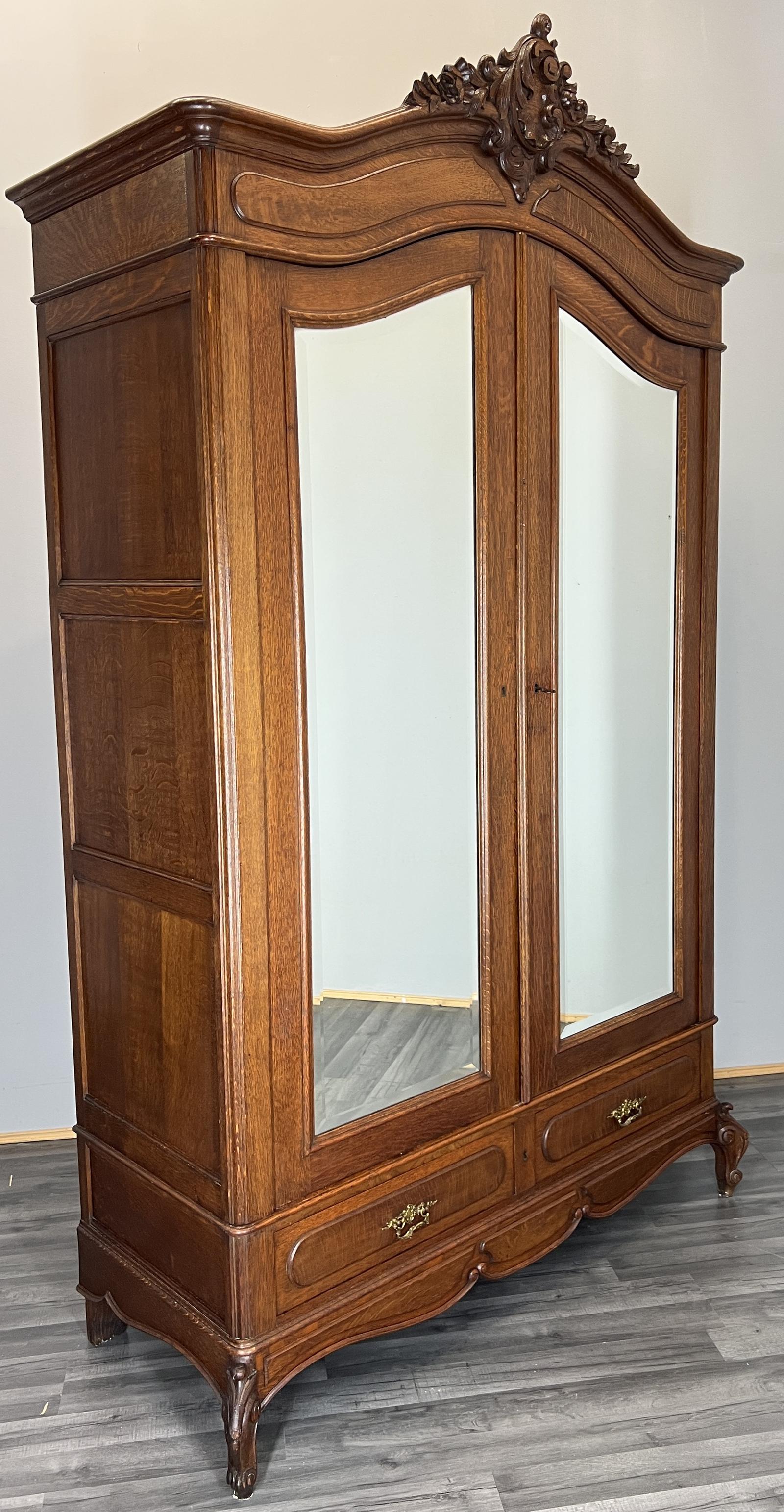 Wardrobe Antique French Rocaille Oak Mirrored Curved Armoire (1 of 12)