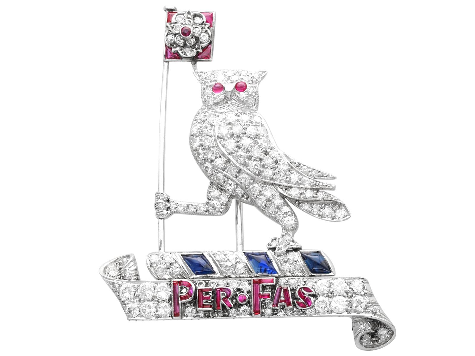 Vintage 0.62ct Ruby, 0.50ct Sapphire & 3.15ct Diamond, Platinum Owl Brooch c.1940 (1 of 14)