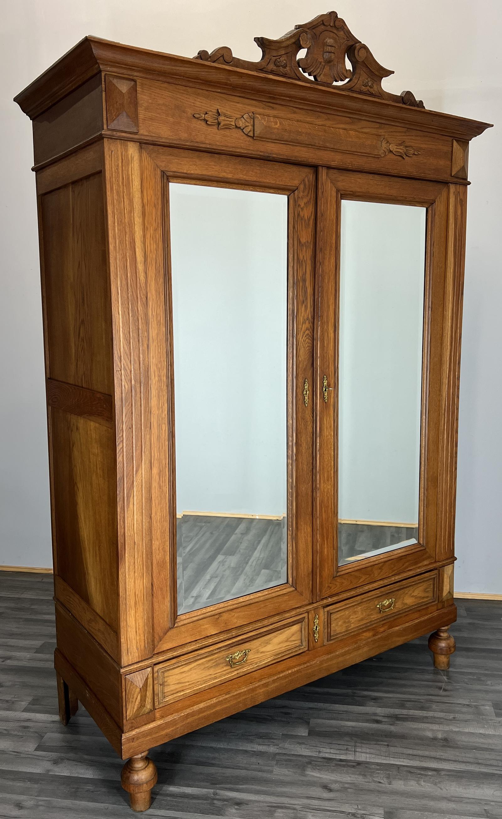 Wardrobe Antique French Oak Mirrored Armoire with Drawers (1 of 12)